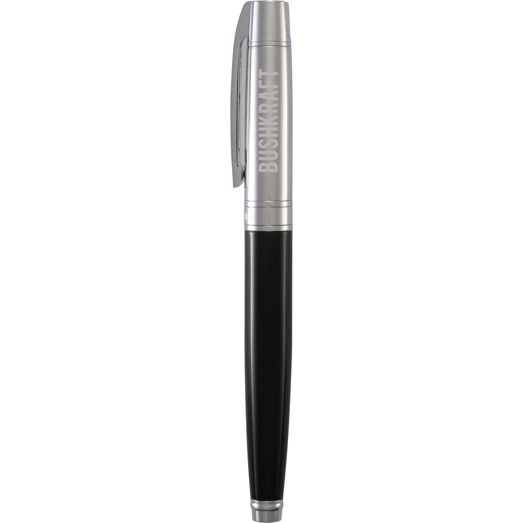 Sheaffer® 300 Glossy Chrome Black Roller Ball pen with glossy black barrel, bright chrome cap and trim, metal construction, and rollerball tip for smooth everyday writing.