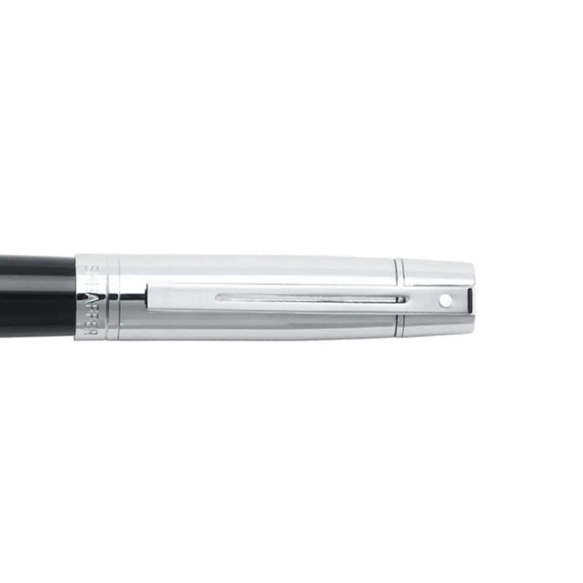 Sheaffer® 300 Glossy Chrome Black Roller Ball pen with glossy black barrel, bright chrome cap and trim, metal construction, and rollerball tip for smooth everyday writing.