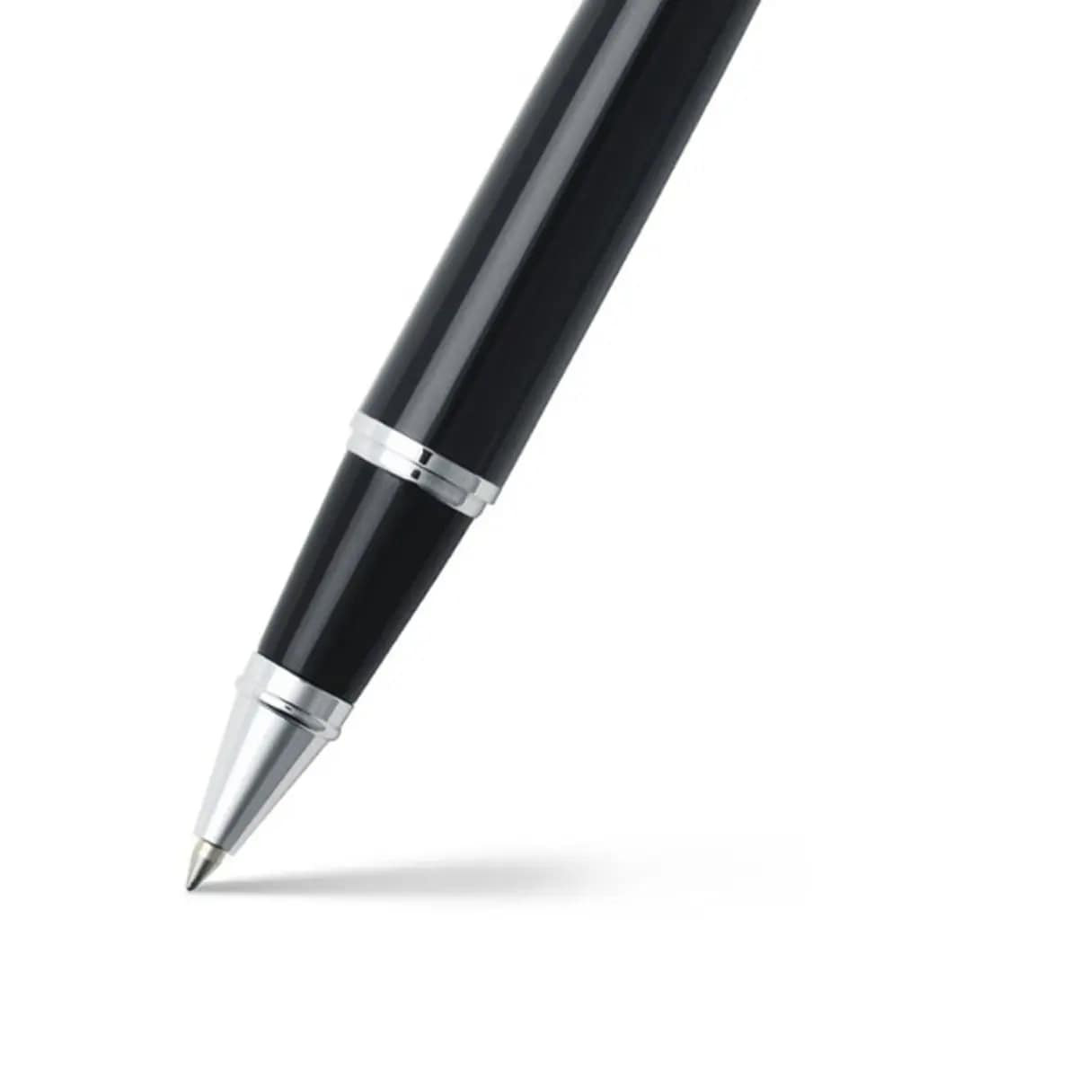 Sheaffer® 300 Glossy Chrome Black Roller Ball pen with glossy black barrel, bright chrome cap and trim, metal construction, and rollerball tip for smooth everyday writing.
