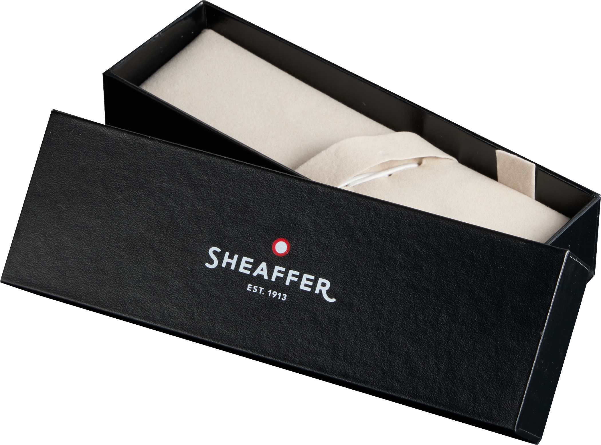 Sheaffer® 300 Glossy Black and Chrome Rollerball Pen premium black gift box with textured finish and cream interior insert, displayed partially open to showcase presentation packaging for a writing instrument.