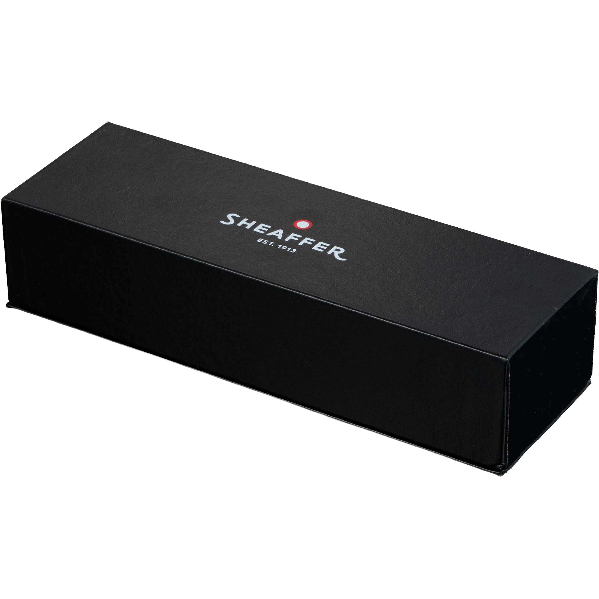 Sheaffer® 300 Glossy Black and Chrome Rollerball Pen premium black gift box with textured finish and cream interior insert, displayed partially open to showcase presentation packaging for a writing instrument.