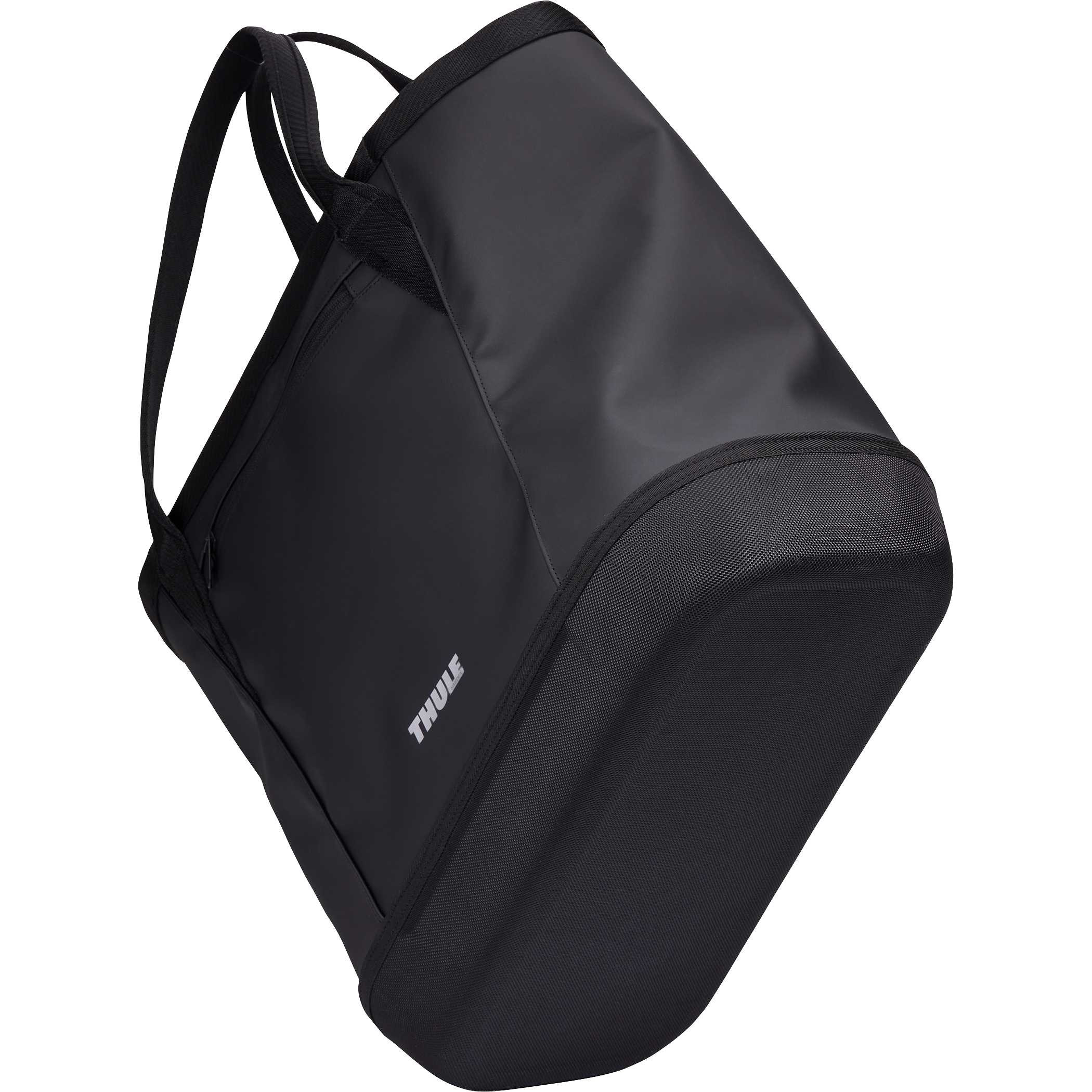 Thule 30L Chasm Gear Tote in black durable weather-resistant fabric with structured tote design, featuring a spacious main compartment, exterior zippered pocket, and sturdy carry handles for everyday use and travel storage.