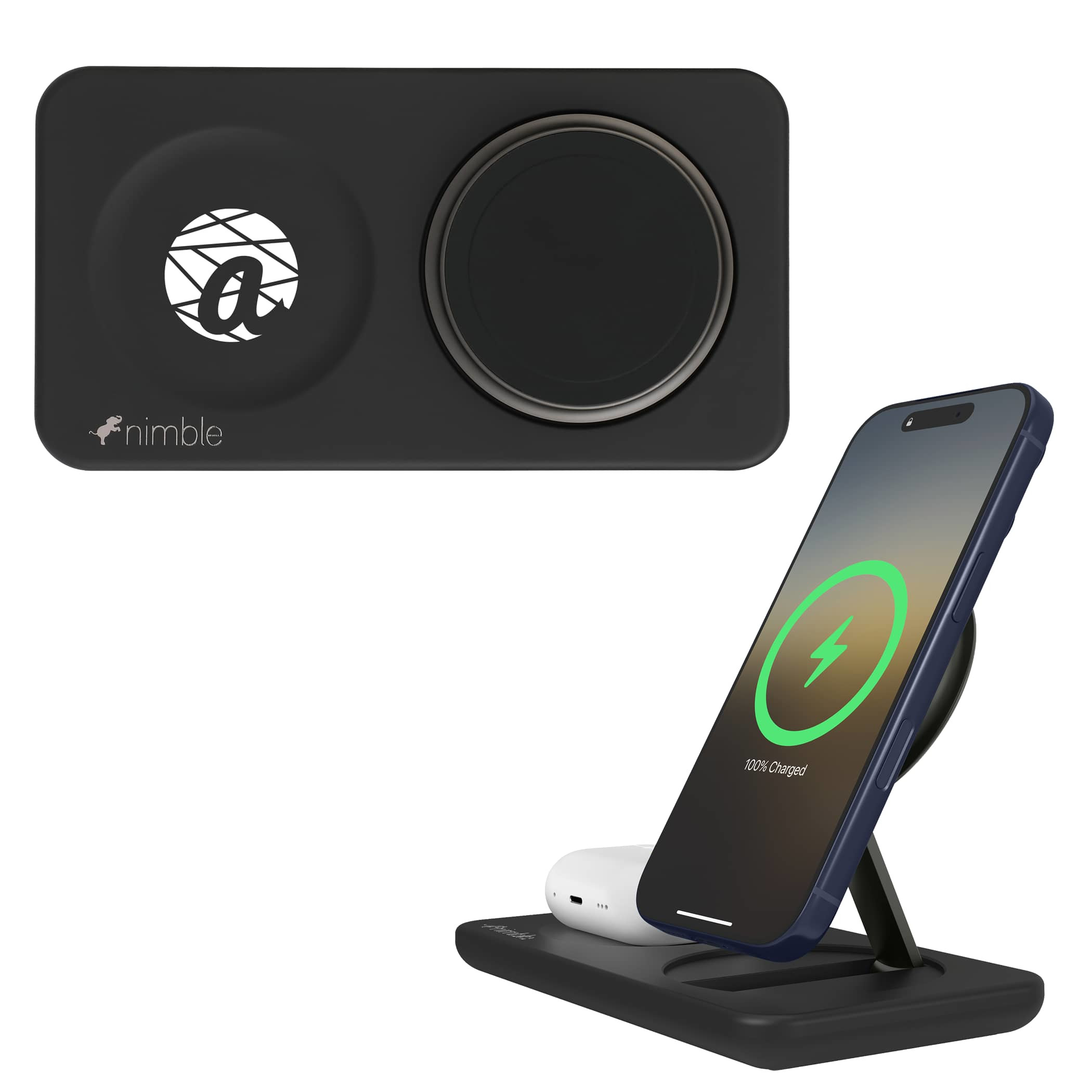 Nimble Podium 2-in-1 Wireless Charging Stand in black with a compact matte finish, upright stand design, and flat charging base, supporting wireless charging for a smartphone in home or office environments.