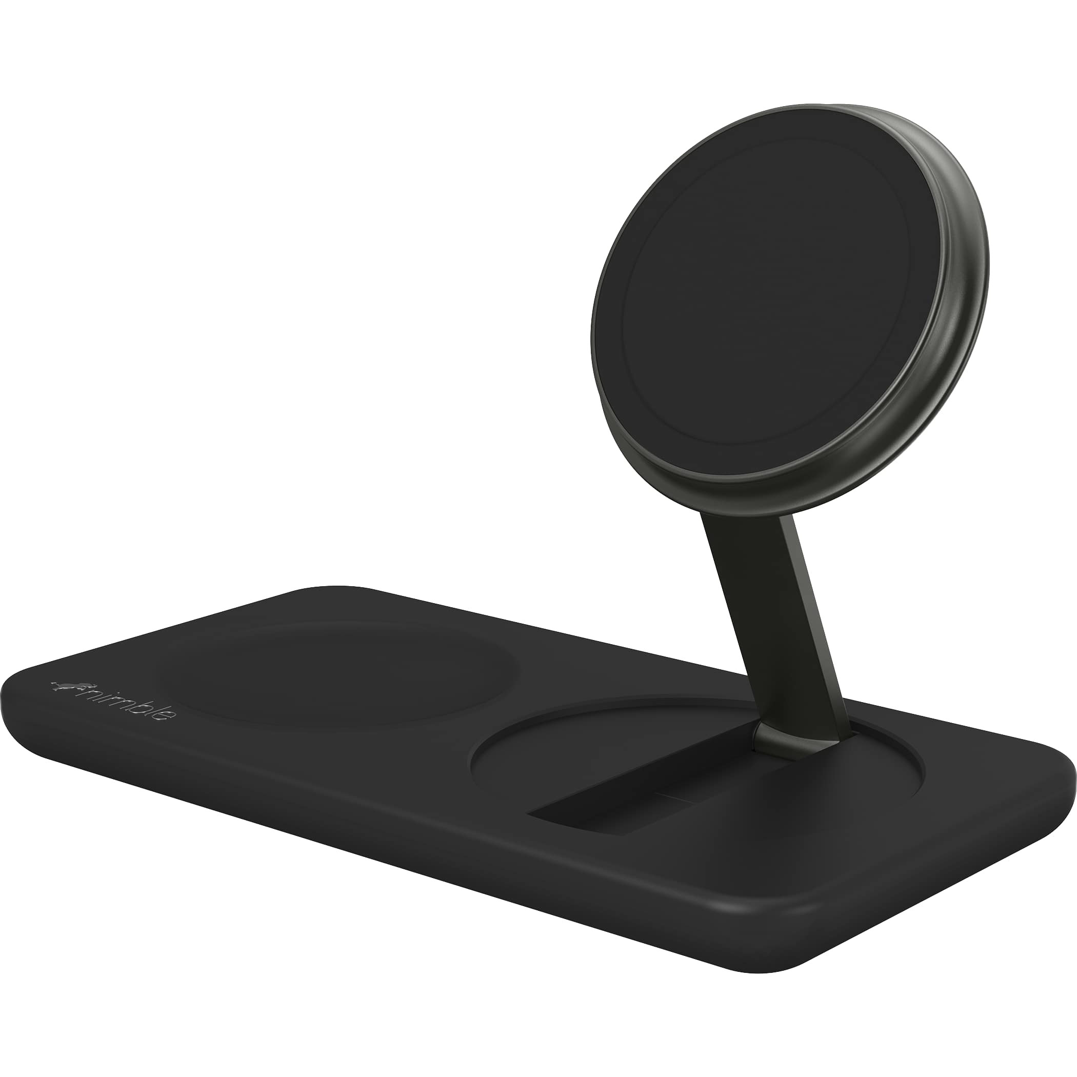 Nimble Podium 2-in-1 Wireless Charging Stand in black with a compact matte finish, upright stand design, and flat charging base, supporting wireless charging for a smartphone in home or office environments.