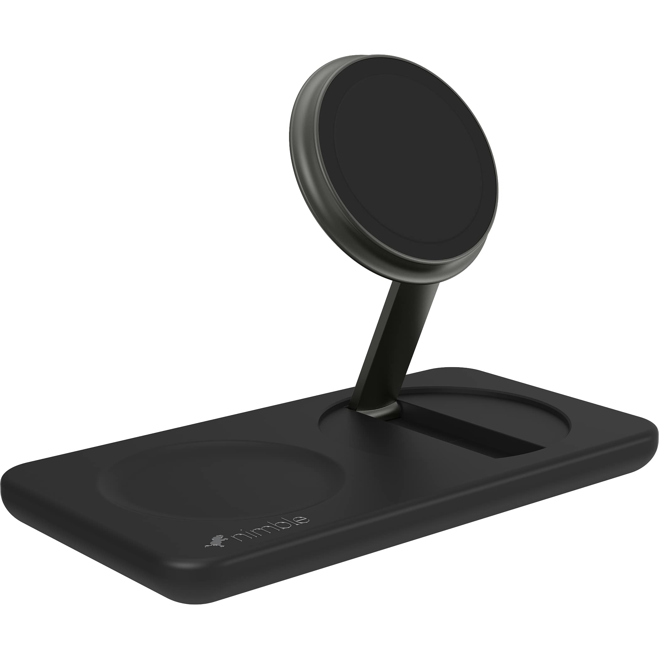 Nimble Podium 2-in-1 Wireless Charging Stand in black with a compact matte finish, upright stand design, and flat charging base, supporting wireless charging for a smartphone in home or office environments.