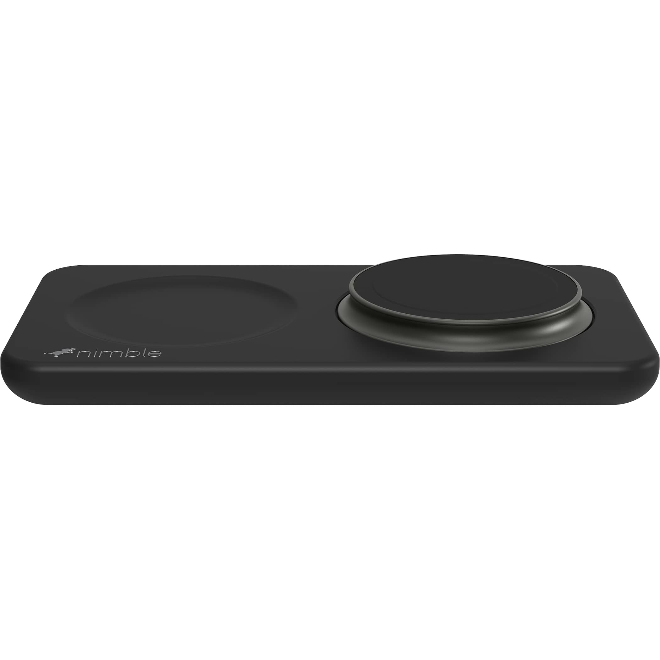 Nimble Podium 2-in-1 Wireless Charging Stand in black with a compact matte finish, upright stand design, and flat charging base, supporting wireless charging for a smartphone in home or office environments.