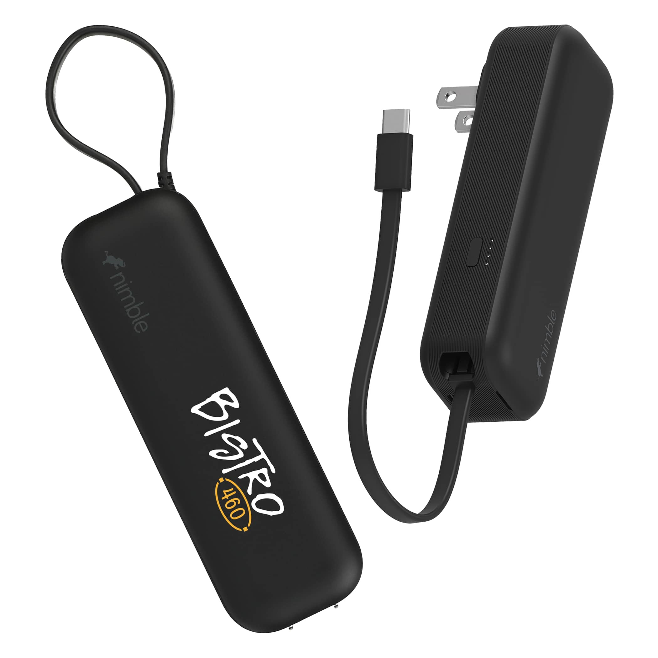 Nimble Wally Pro 20 5,000 mAh Power Bank and Wall Charger in black with compact rectangular design, folding AC prongs, USB-C port, and integrated charging cable, designed for fast charging devices and portable power use at home, work, or travel.