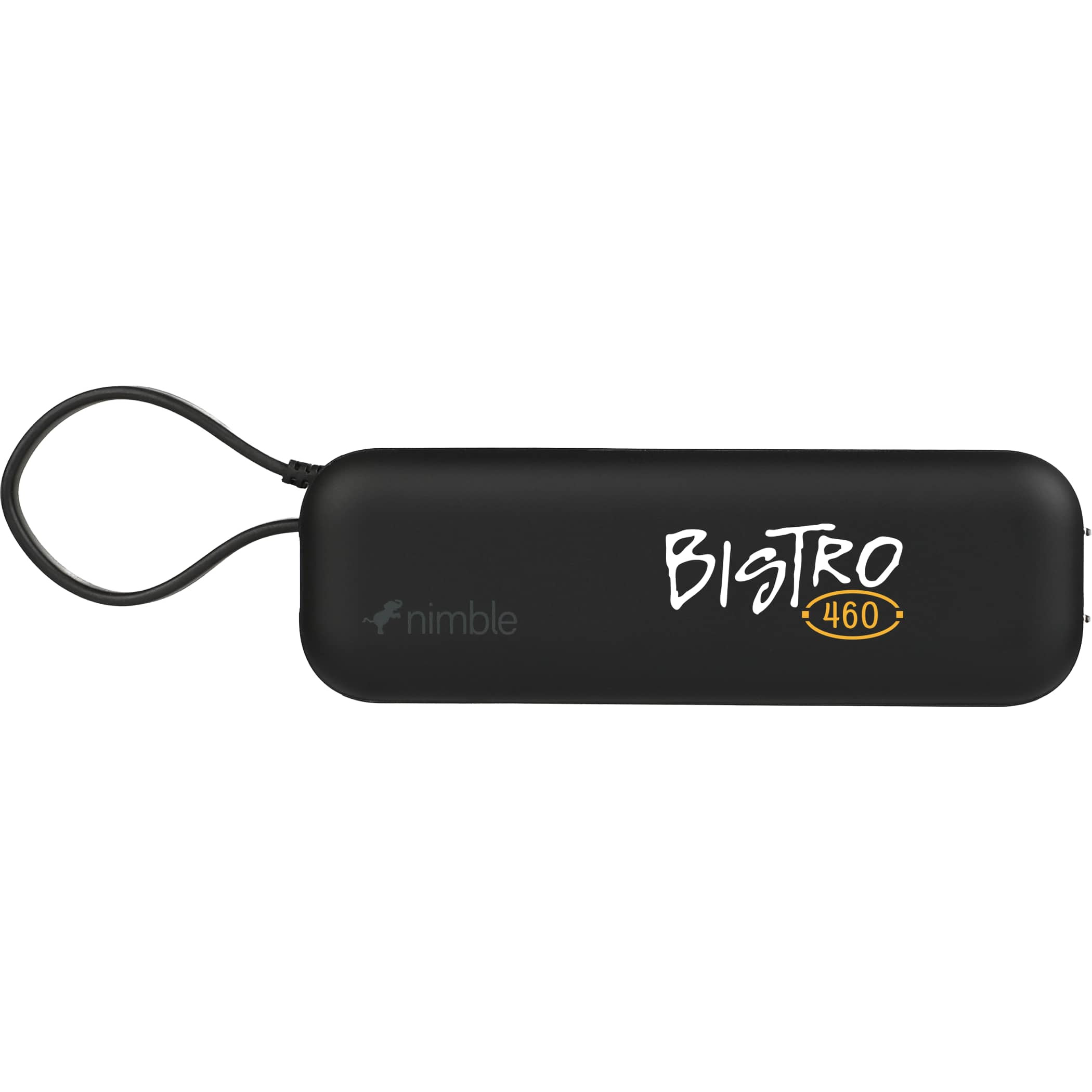 Nimble Wally Pro 20 5,000 mAh Power Bank and Wall Charger in black with compact rectangular design, folding AC prongs, USB-C port, and integrated charging cable, designed for fast charging devices and portable power use at home, work, or travel.