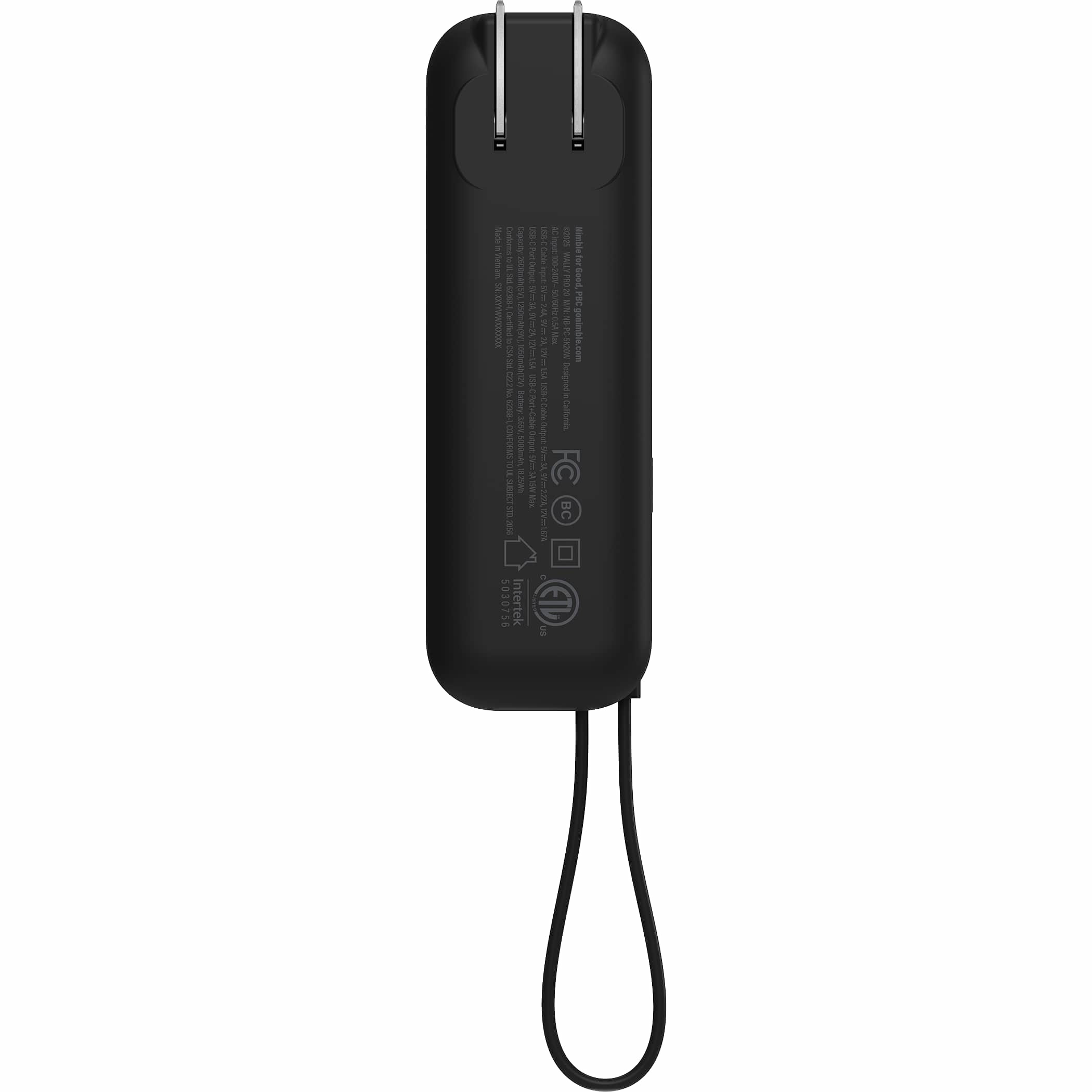 Nimble Wally Pro 20 5,000 mAh Power Bank and Wall Charger in black with compact rectangular design, folding AC prongs, USB-C port, and integrated charging cable, designed for fast charging devices and portable power use at home, work, or travel.