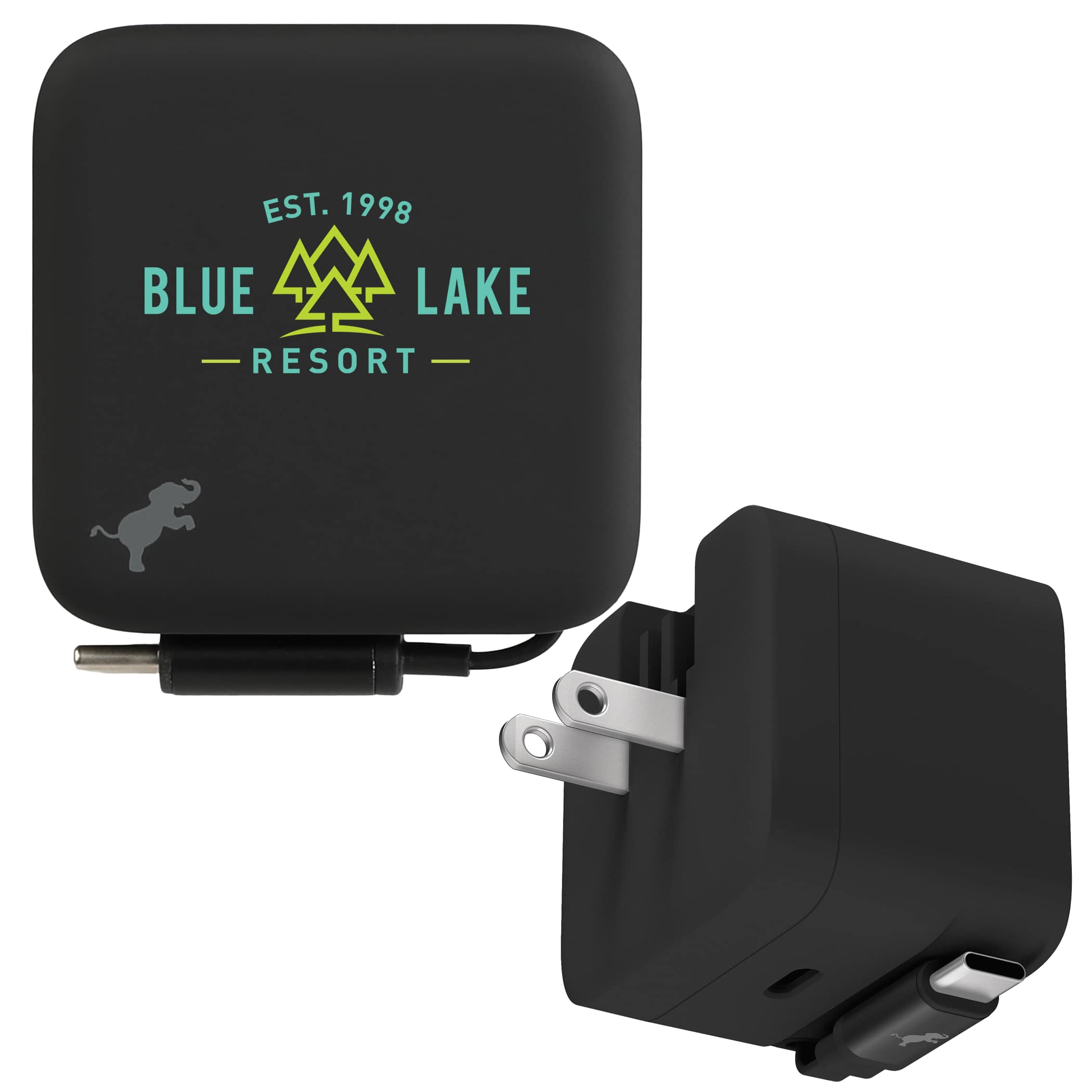 Nimble Wally Stretch 35 Wall Charger with Retractable Cable in black matte finish with compact rectangular body, folding AC prongs, and integrated USB-C cable, designed for fast charging smartphones and USB-C devices in home, office, or travel use.
