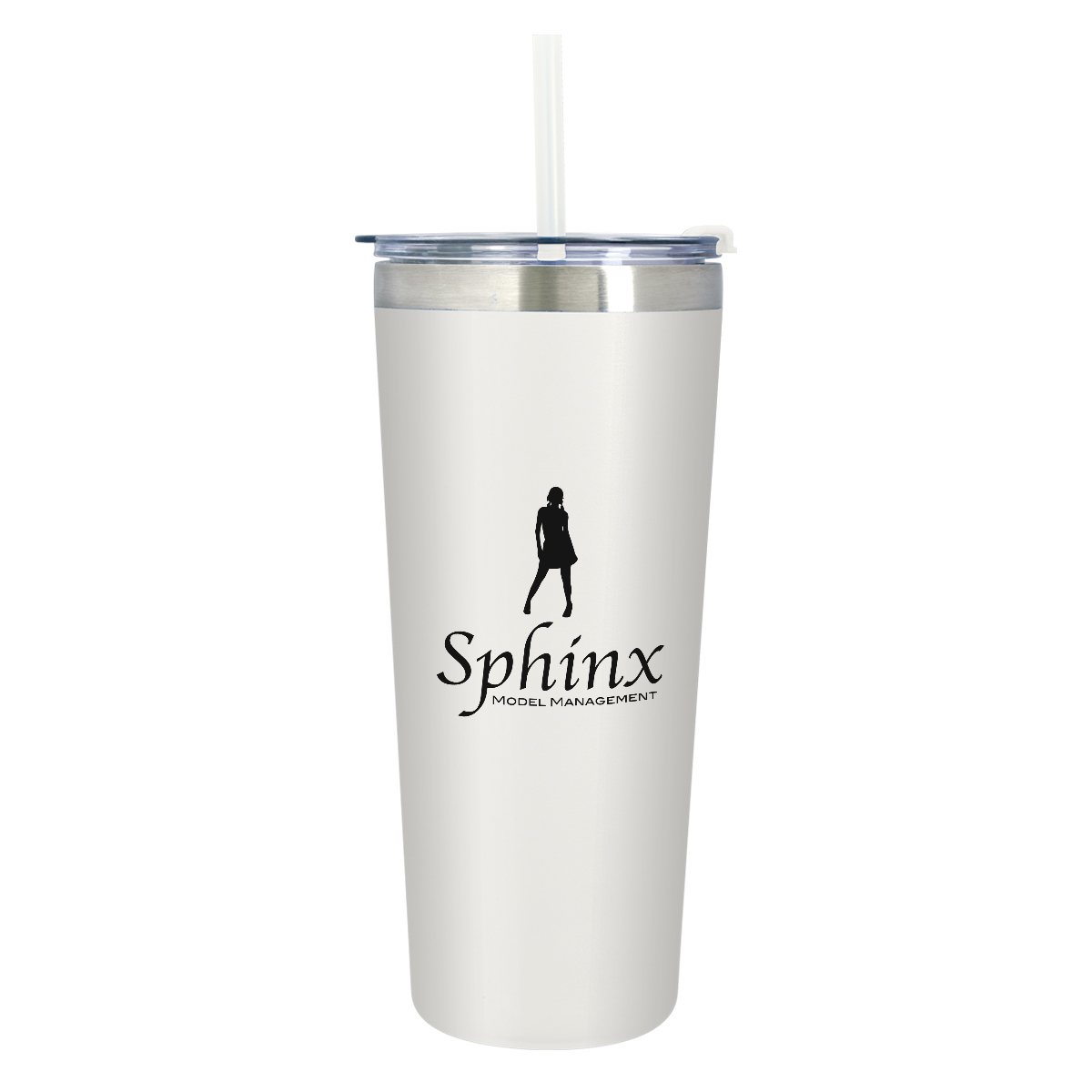 White stainless steel insulated tumbler with matching lid and reusable straw, double-wall vacuum insulation, and non-slip bottom