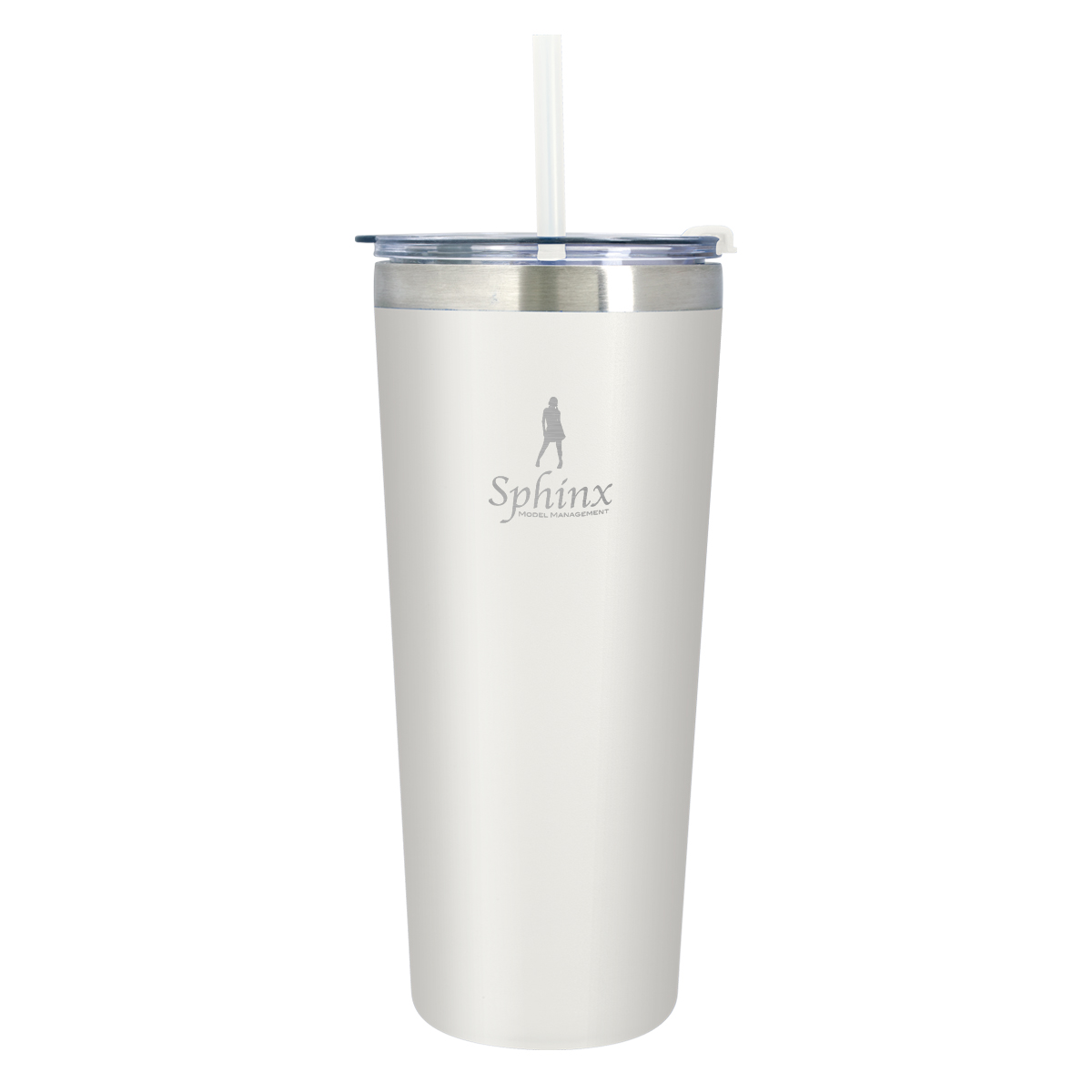 White stainless steel insulated tumbler with matching lid and reusable straw, double-wall vacuum insulation, and non-slip bottom