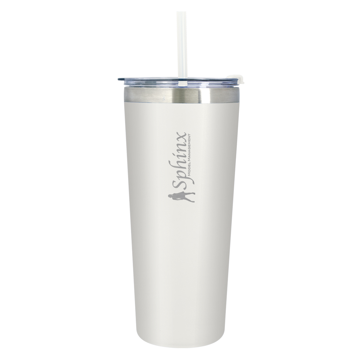 White stainless steel insulated tumbler with matching lid and reusable straw, double-wall vacuum insulation, and non-slip bottom