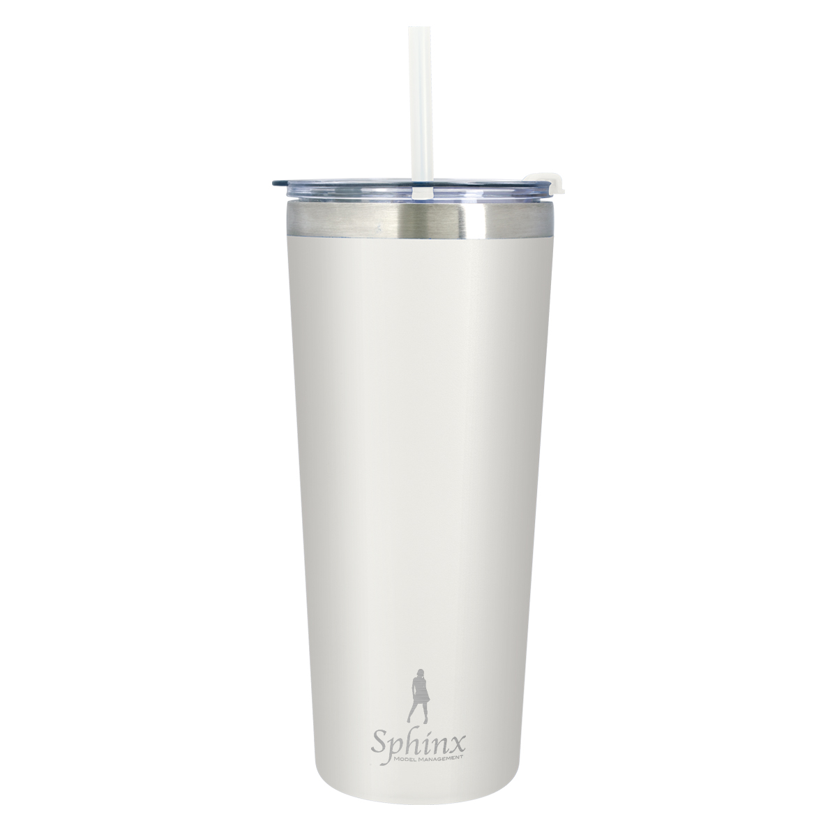 White stainless steel insulated tumbler with matching lid and reusable straw, double-wall vacuum insulation, and non-slip bottom