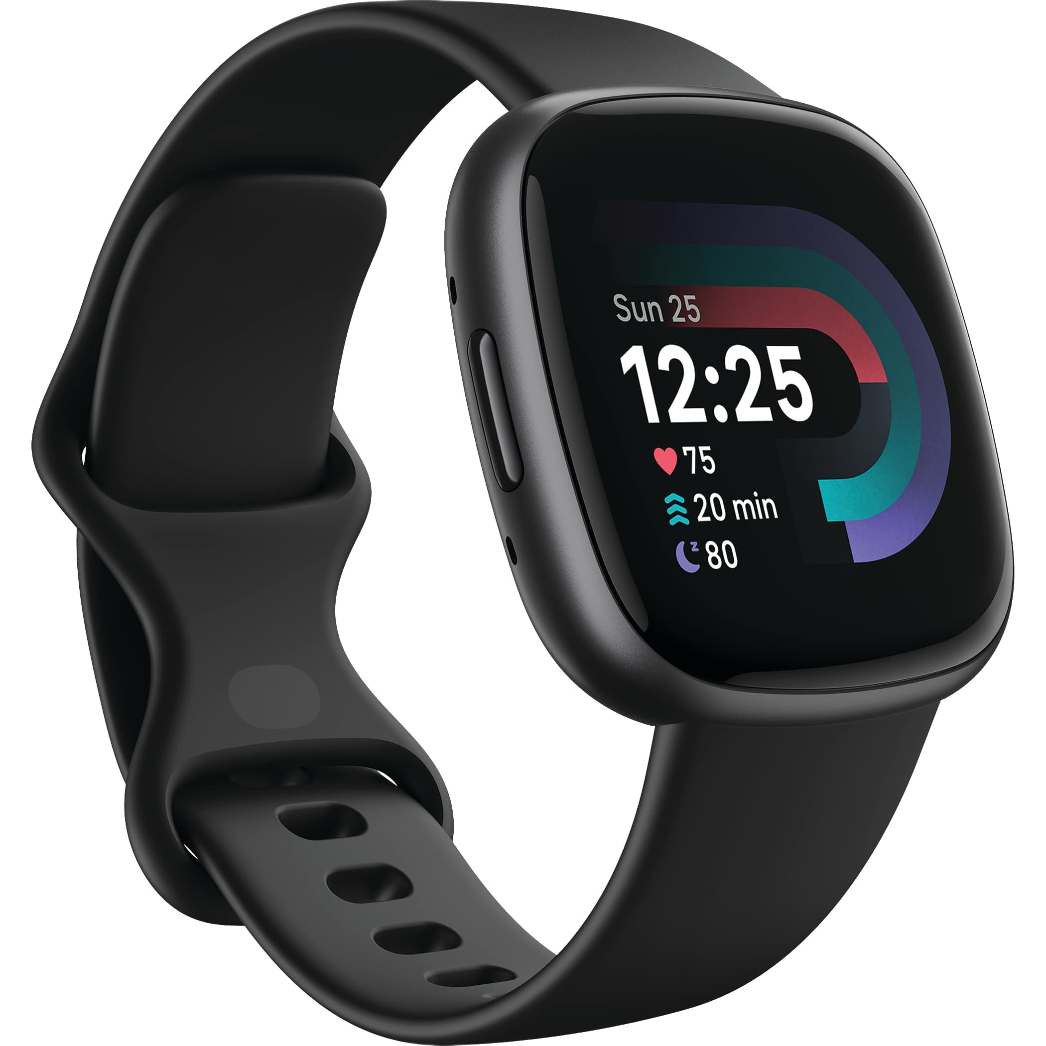 Black Fitbit Versa 4™ Fitness Smartwatch with slim touchscreen display, lightweight smartwatch design, and silicone band, built for fitness tracking, heart rate monitoring, workout performance, and everyday activity tracking.
