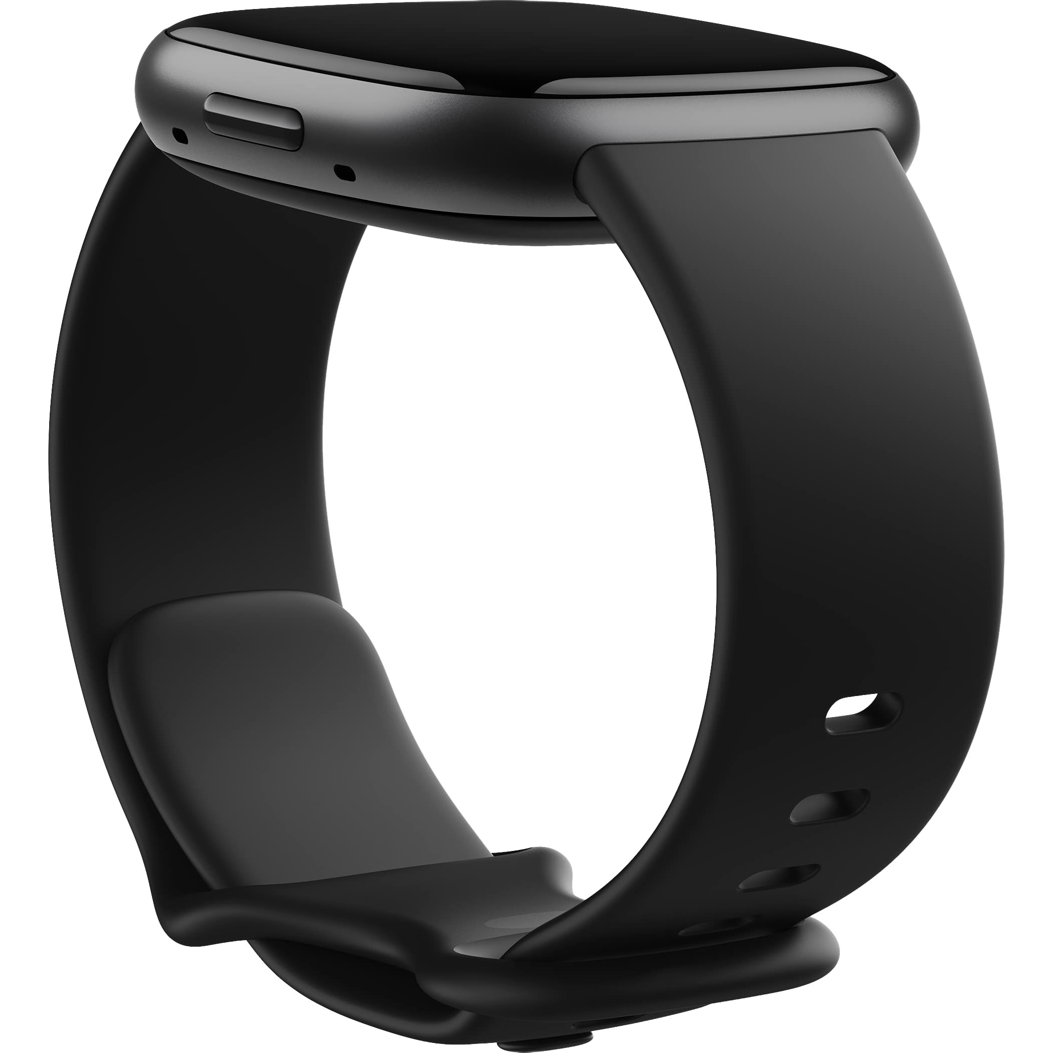 Black Fitbit Versa 4™ Fitness Smartwatch with slim touchscreen display, lightweight smartwatch design, and silicone band, built for fitness tracking, heart rate monitoring, workout performance, and everyday activity tracking.