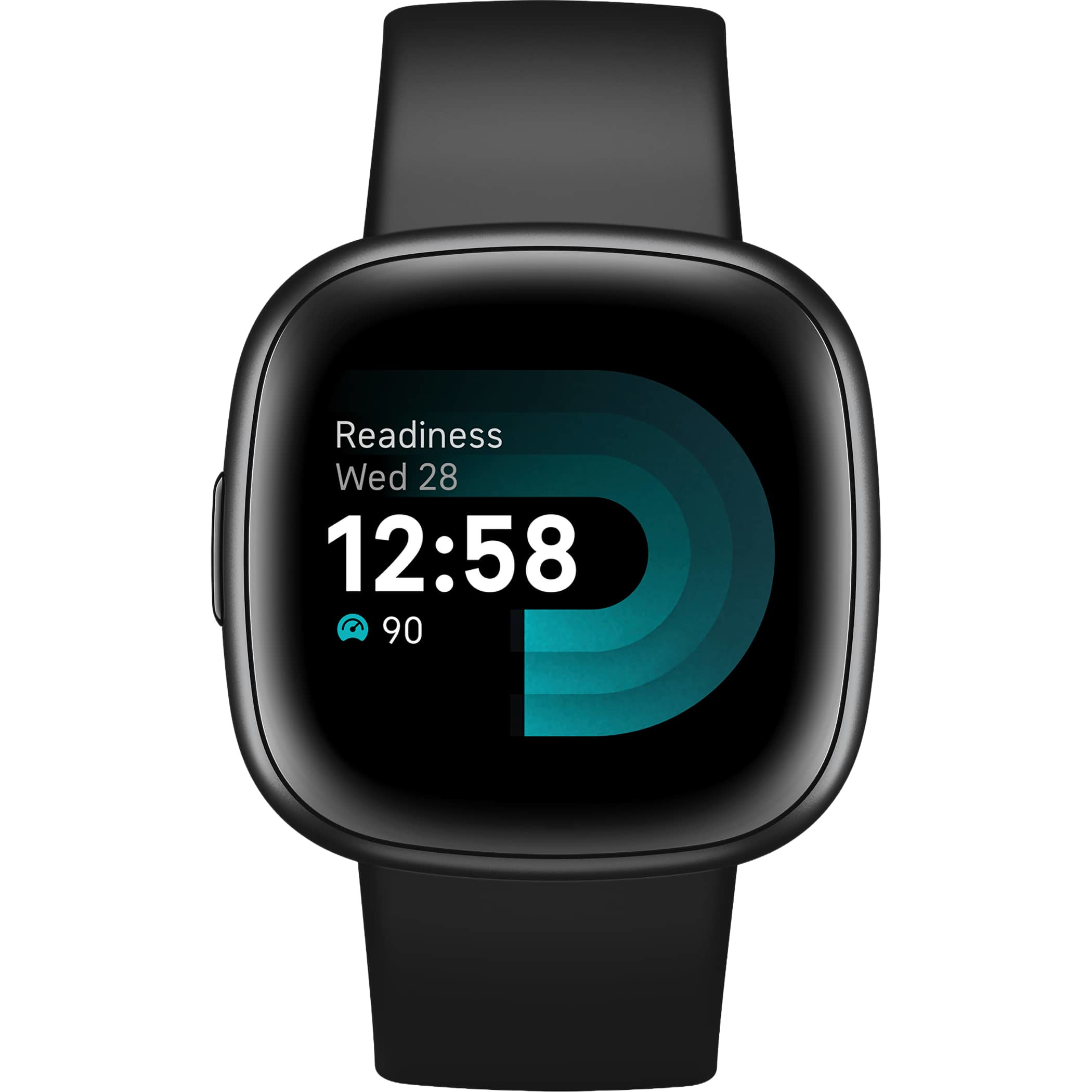 Black Fitbit Versa 4™ Fitness Smartwatch with slim touchscreen display, lightweight smartwatch design, and silicone band, built for fitness tracking, heart rate monitoring, workout performance, and everyday activity tracking.