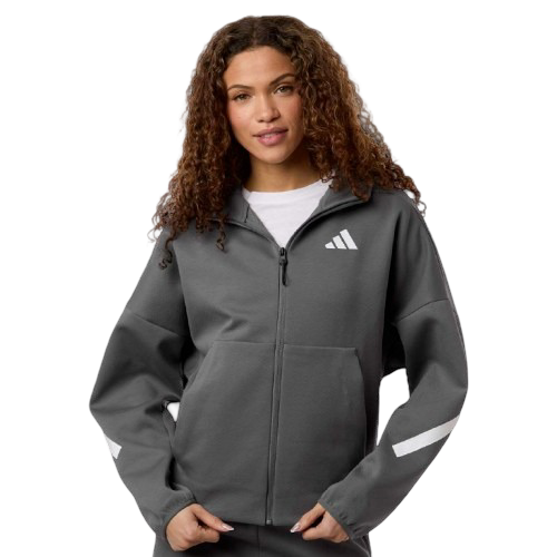 Gray Adidas women’s full-zip hooded sweatshirt with white accents, double-knit recycled polyester blend fabric, split-pouch pocket, and relaxed athletic fit.