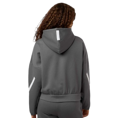 Gray Adidas women’s full-zip hooded sweatshirt with white accents, double-knit recycled polyester blend fabric, split-pouch pocket, and relaxed athletic fit.