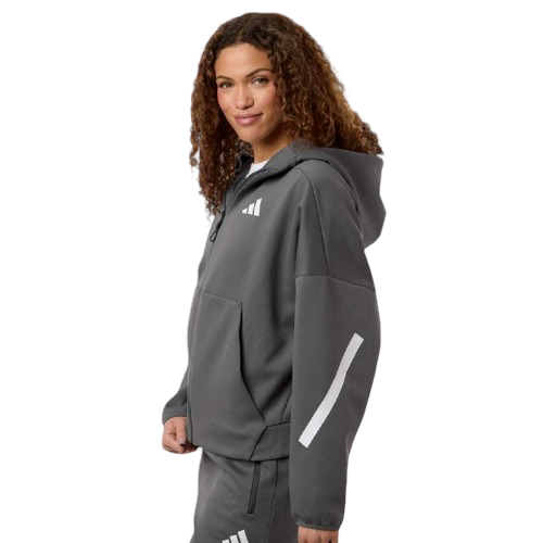 Gray Adidas women’s full-zip hooded sweatshirt with white accents, double-knit recycled polyester blend fabric, split-pouch pocket, and relaxed athletic fit.