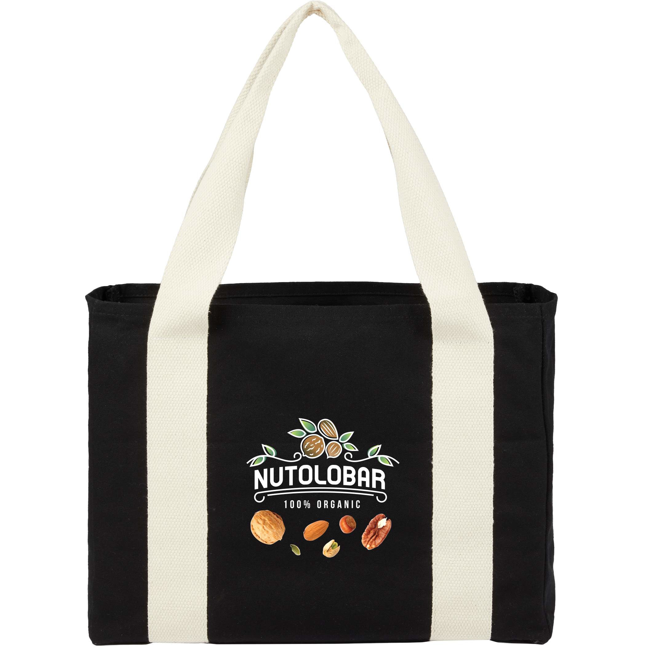 12oz Cotton Shopper Tote with Contrast Handles in black organic cotton with wide contrast carry handles, open main compartment, and durable fabric construction, designed for carrying books, work essentials, shopping items, or everyday accessories.