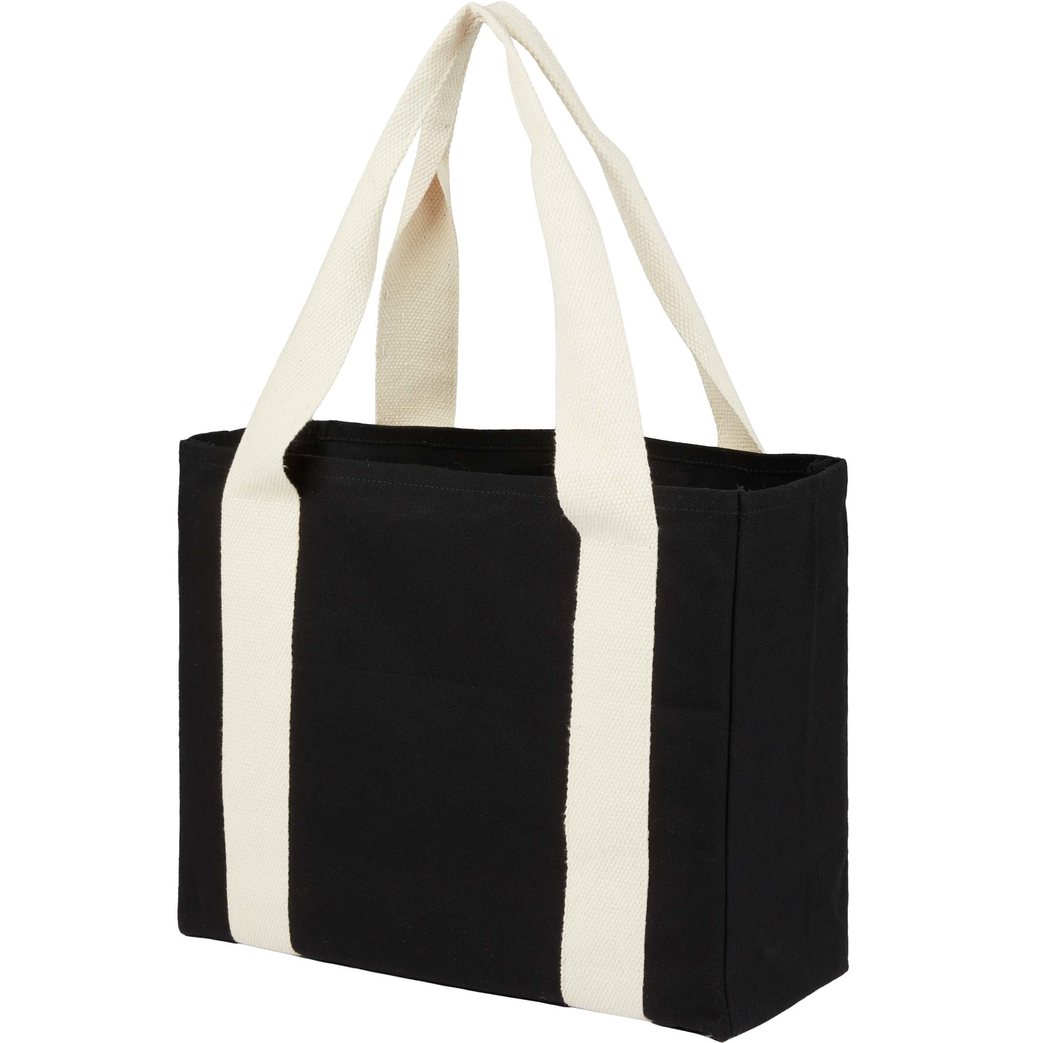 12oz Cotton Shopper Tote with Contrast Handles in black organic cotton with wide contrast carry handles, open main compartment, and durable fabric construction, designed for carrying books, work essentials, shopping items, or everyday accessories.