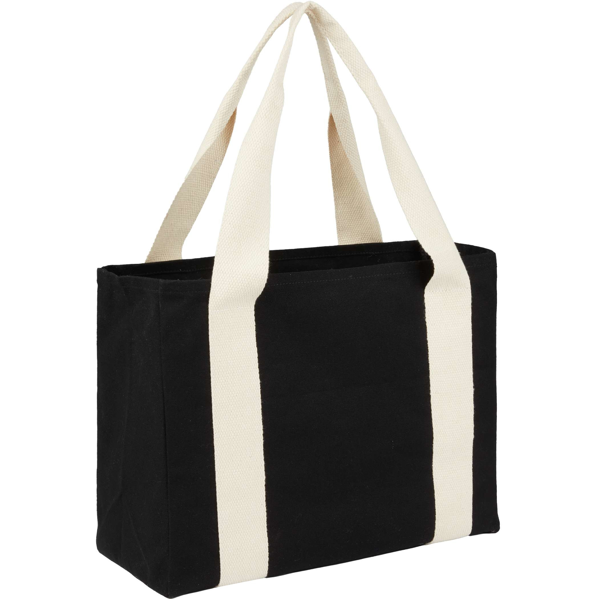 12oz Cotton Shopper Tote with Contrast Handles in black organic cotton with wide contrast carry handles, open main compartment, and durable fabric construction, designed for carrying books, work essentials, shopping items, or everyday accessories.