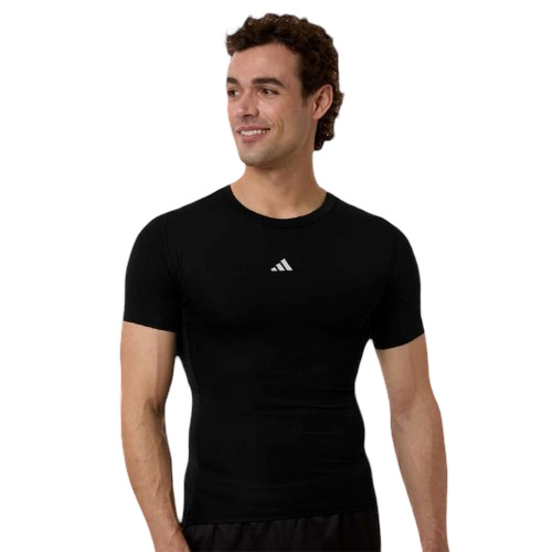 Black performance compression t-shirt made from recycled polyester and elastane with crewneck collar, moisture-management technology, and athletic stretch fit.