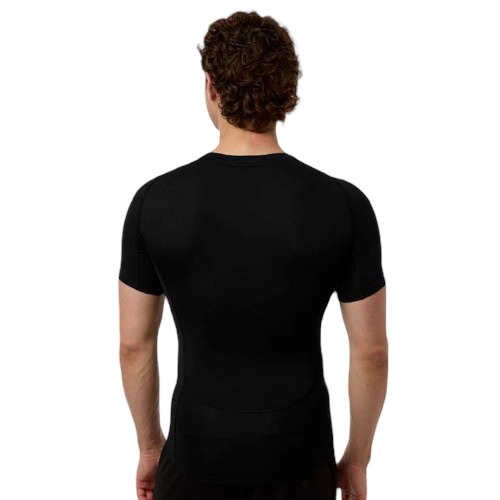 Black performance compression t-shirt made from recycled polyester and elastane with crewneck collar, moisture-management technology, and athletic stretch fit.