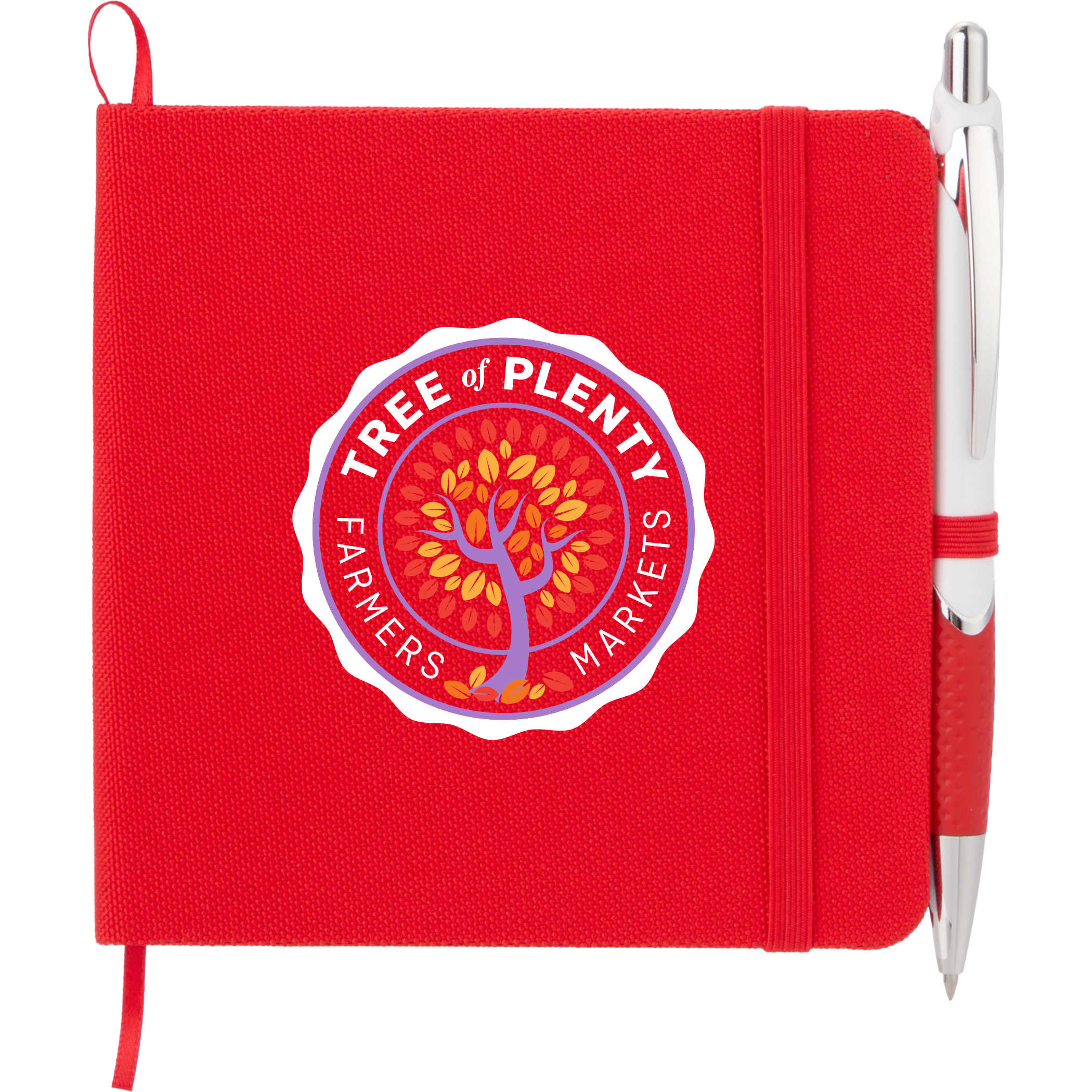 Red 4.7" x 4.7" Remark Recycled Square Notebook with recycled PET hardcover, elastic closure band, ribbon page marker, and matching pen loop, designed for note-taking, journaling, lists, and everyday organization.