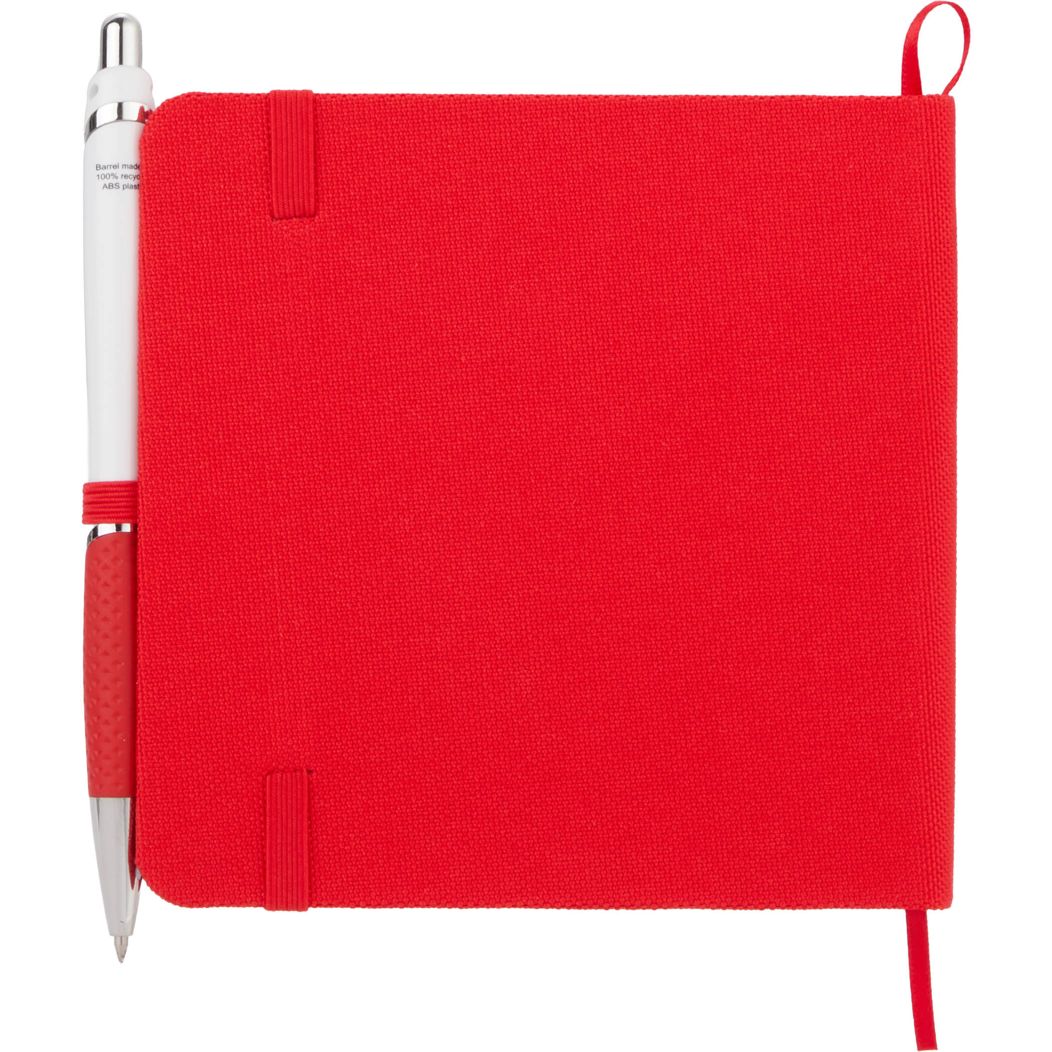 At the back of Red 4.7" x 4.7" Remark Recycled Square Notebook with recycled PET hardcover, elastic closure band, ribbon page marker, and matching pen loop, designed for note-taking, journaling, lists, and everyday organization.