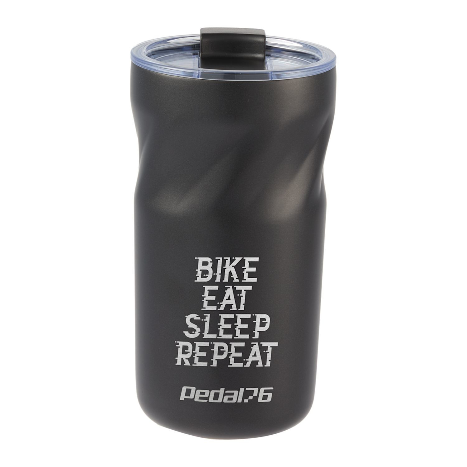 Black vacuum insulated tumbler with geometric grip texture, clear slider lid, and custom logo design