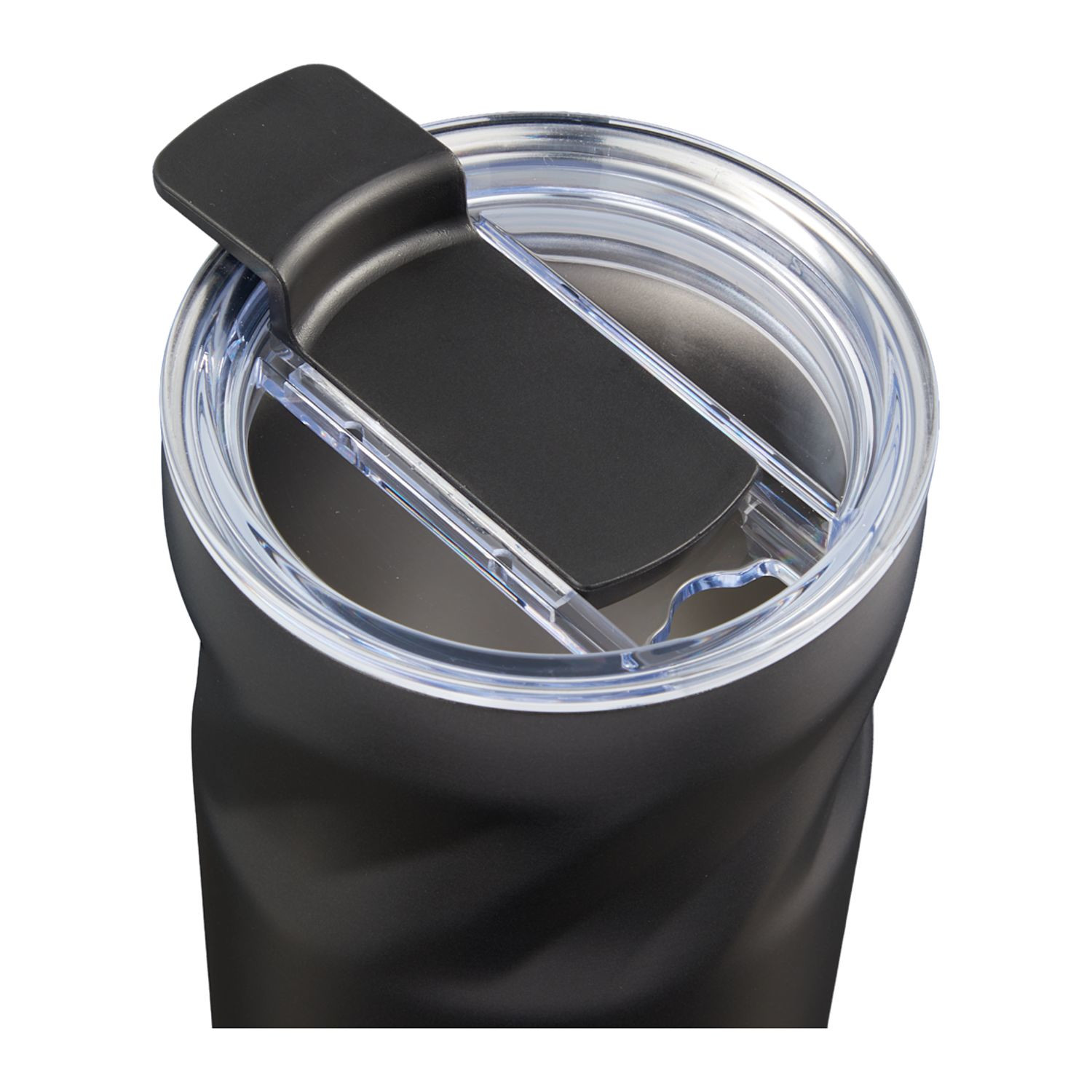 Black vacuum insulated tumbler with geometric grip texture, clear slider lid, and custom logo design