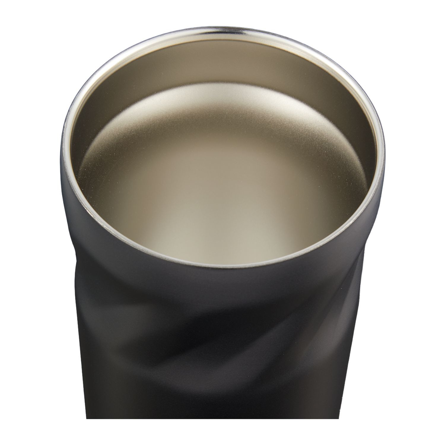 Black vacuum insulated tumbler with geometric grip texture, clear slider lid, and custom logo design