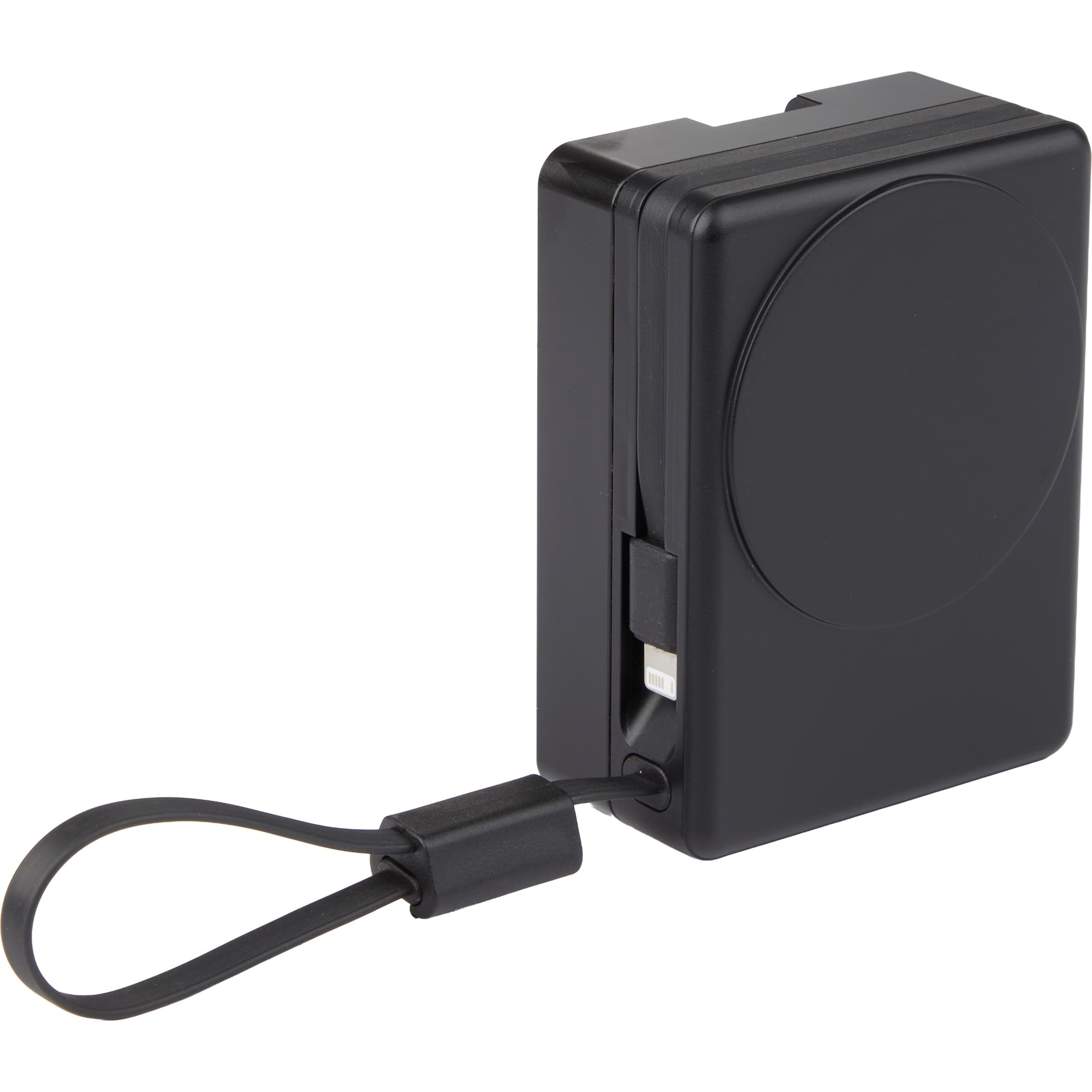 Black MagClick 5000 mAh 15W Power Bank with Wall Charger in black with compact rectangular design, magnetic alignment surface, and integrated wall plug, designed for wireless-compatible device charging and portable power use at home, work, or travel.