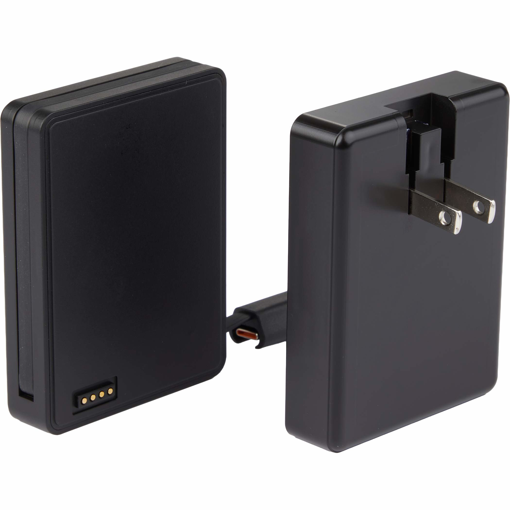 Black MagClick 5000 mAh 15W Power Bank with Wall Charger in black with compact rectangular design, magnetic alignment surface, and integrated wall plug, designed for wireless-compatible device charging and portable power use at home, work, or travel.