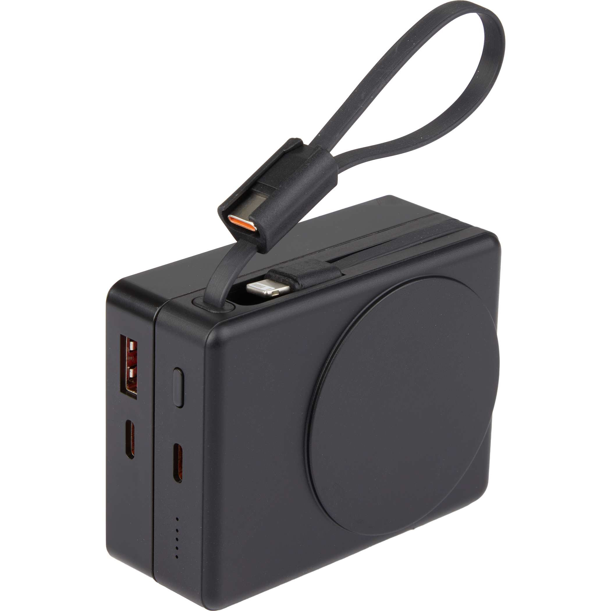 Black MagClick 5000 mAh 15W Power Bank with Wall Charger in black with compact rectangular design, magnetic alignment surface, and integrated wall plug, designed for wireless-compatible device charging and portable power use at home, work, or travel.