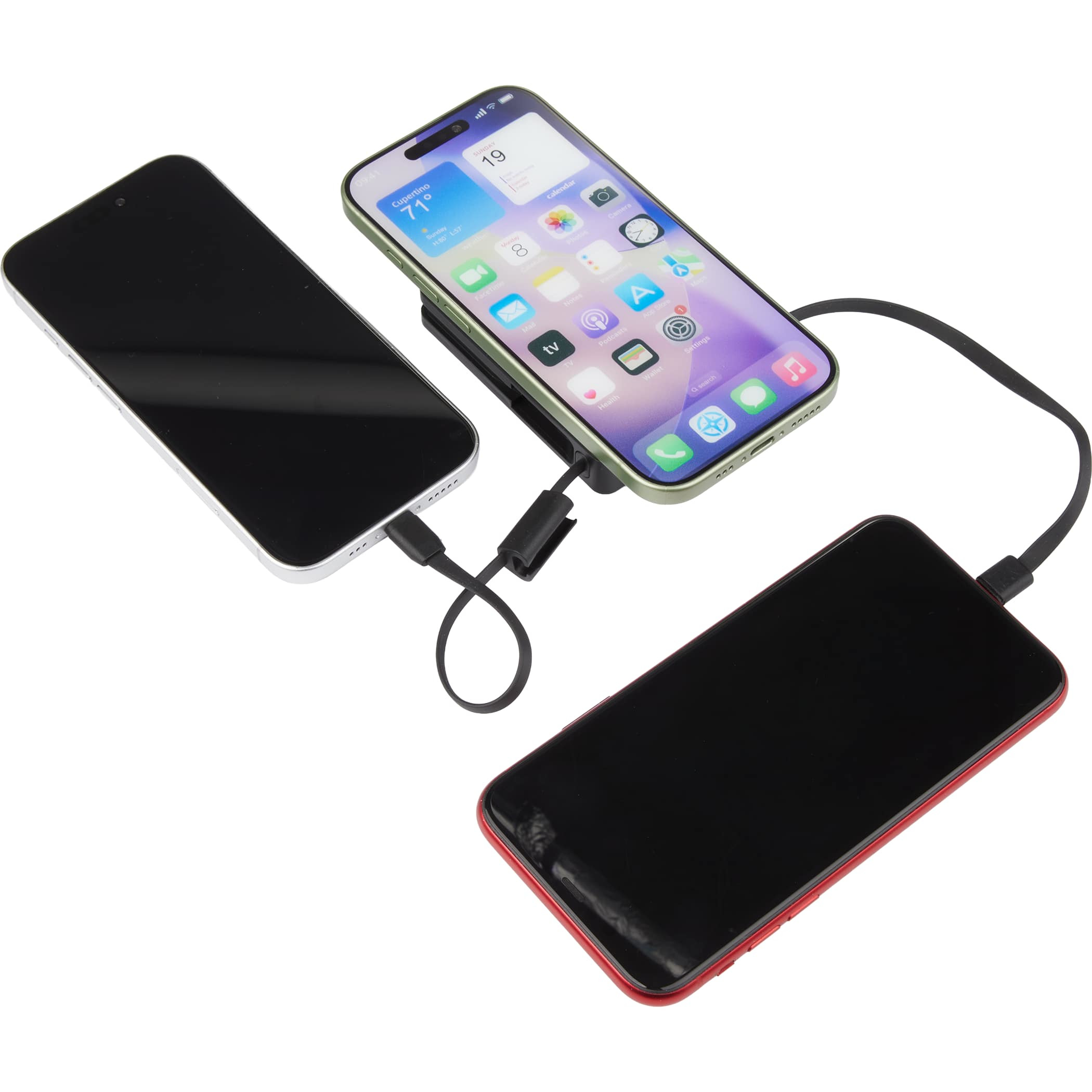 5000 mAh 15W MagClick Power Bank with Wall Charger in black, shown with integrated charging cables connected to three smartphones in white, green, and red, highlighting portable multi-device charging use.