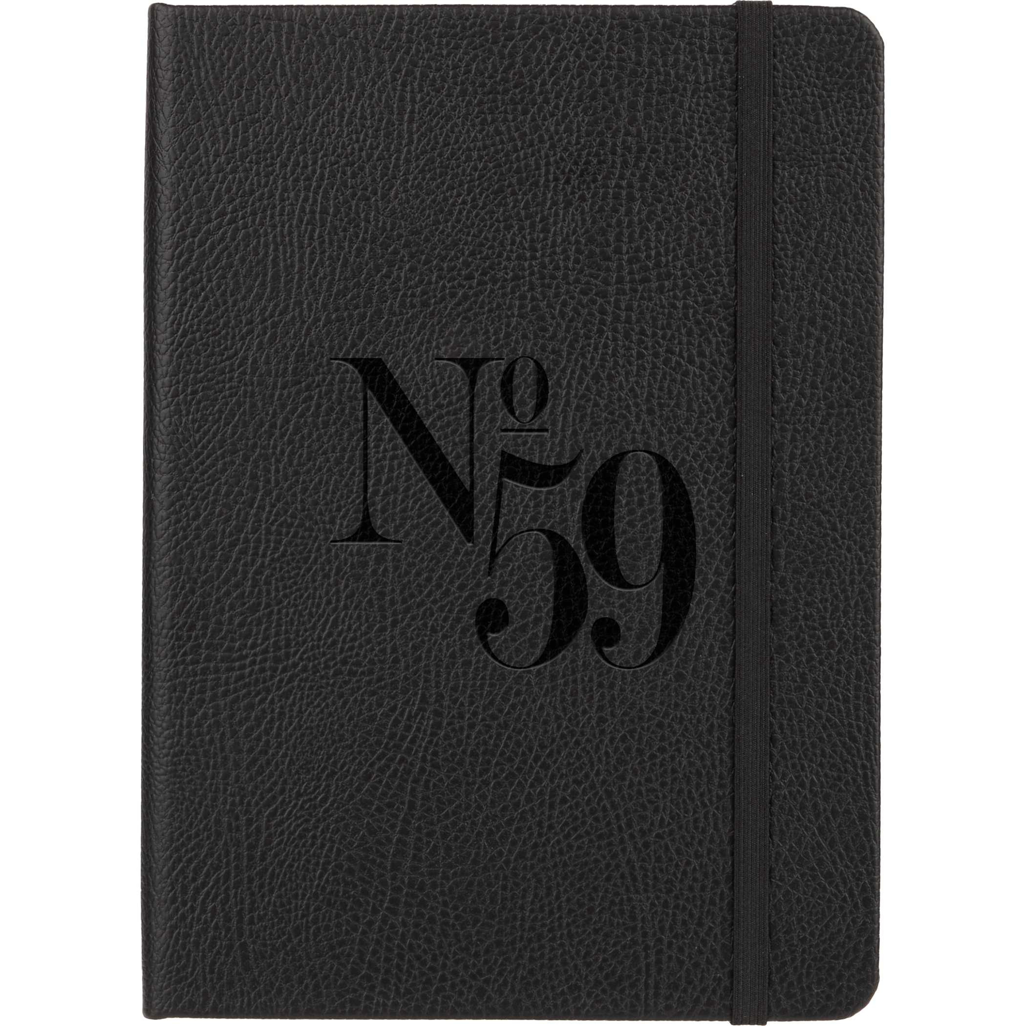 Black 5 x 7 FSC Recycled Pebble Hard Bound Journal in black textured pebble-grain cover with compact rectangular hardbound design, elastic closure, and lined pages, intended for everyday writing, note-taking, and journaling in office, school, or travel use.