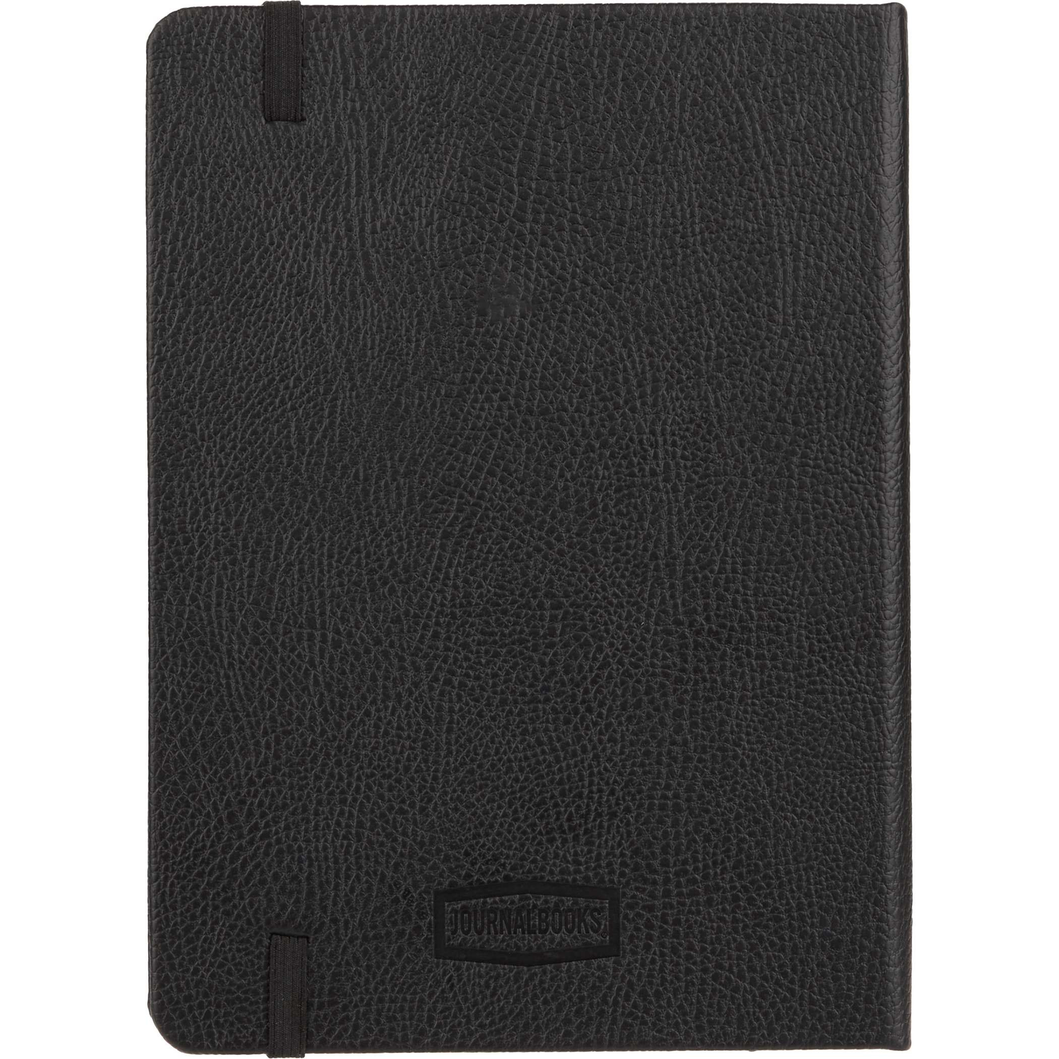 At the back of Black 5 x 7 FSC Recycled Pebble Hard Bound Journal in black textured pebble-grain cover with compact rectangular hardbound design, elastic closure, and lined pages, intended for everyday writing, note-taking, and journaling in office, school, or travel use.