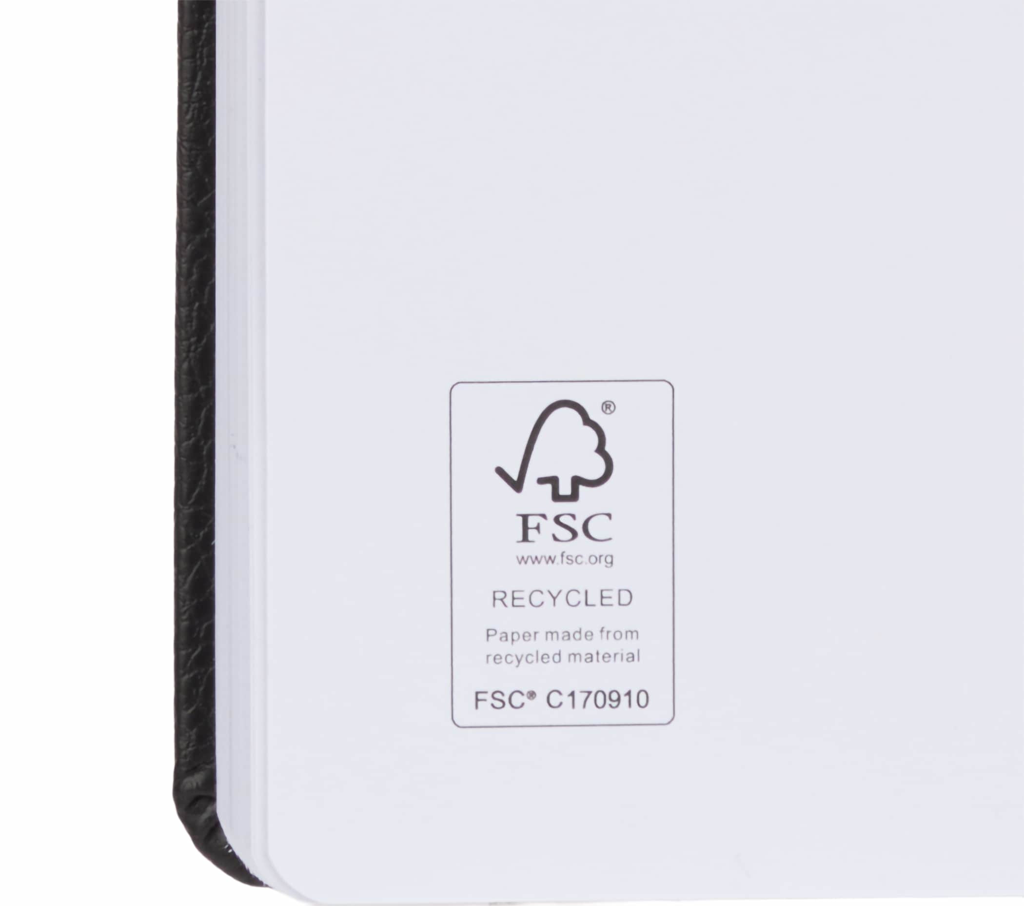 Inside of Black 5 x 7 FSC Recycled Pebble Hard Bound Journal in black textured pebble-grain cover with compact rectangular hardbound design, elastic closure, and lined pages, intended for everyday writing, note-taking, and journaling in office, school, or travel use.