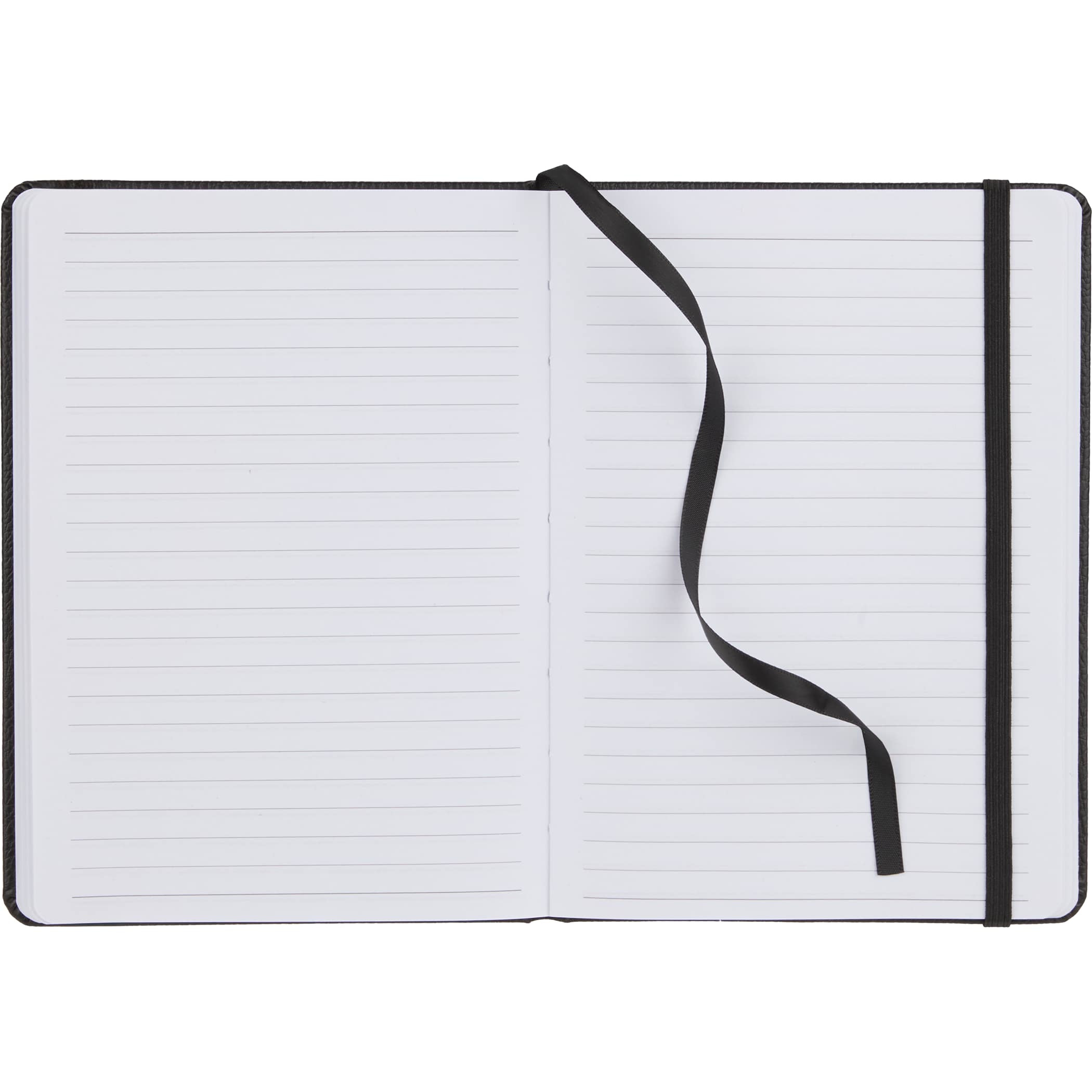 Inside of Black 5 x 7 FSC Recycled Pebble Hard Bound Journal in black textured pebble-grain cover with compact rectangular hardbound design, 80 sheets of FSC® recycled lined paper, Smooth writing surface for notes and ideas, elastic closure, and lined pages, intended for everyday writing, note-taking, and journaling in office, school, or travel use.