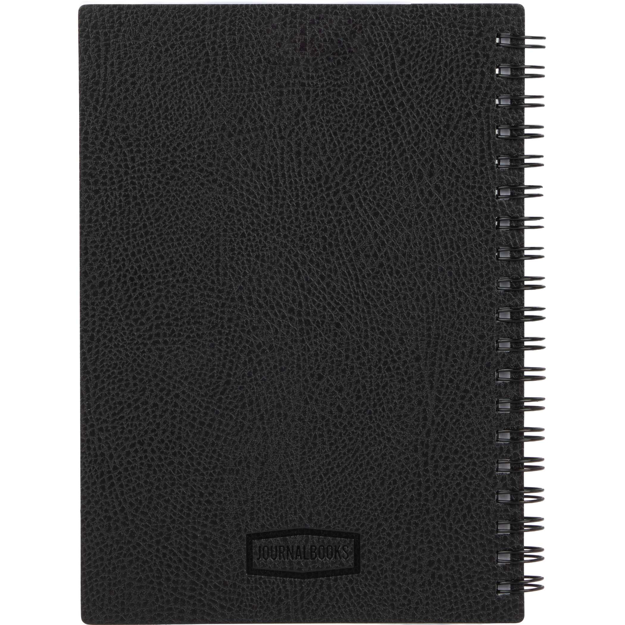 At the back of Black 5” x 7” Pebble Grain FSC® Recycled Spiral Journal with textured recycled polyurethane cover, spiral binding, lined recycled paper pages, and matching elastic pen loop, designed for everyday note-taking, journaling, and office use.