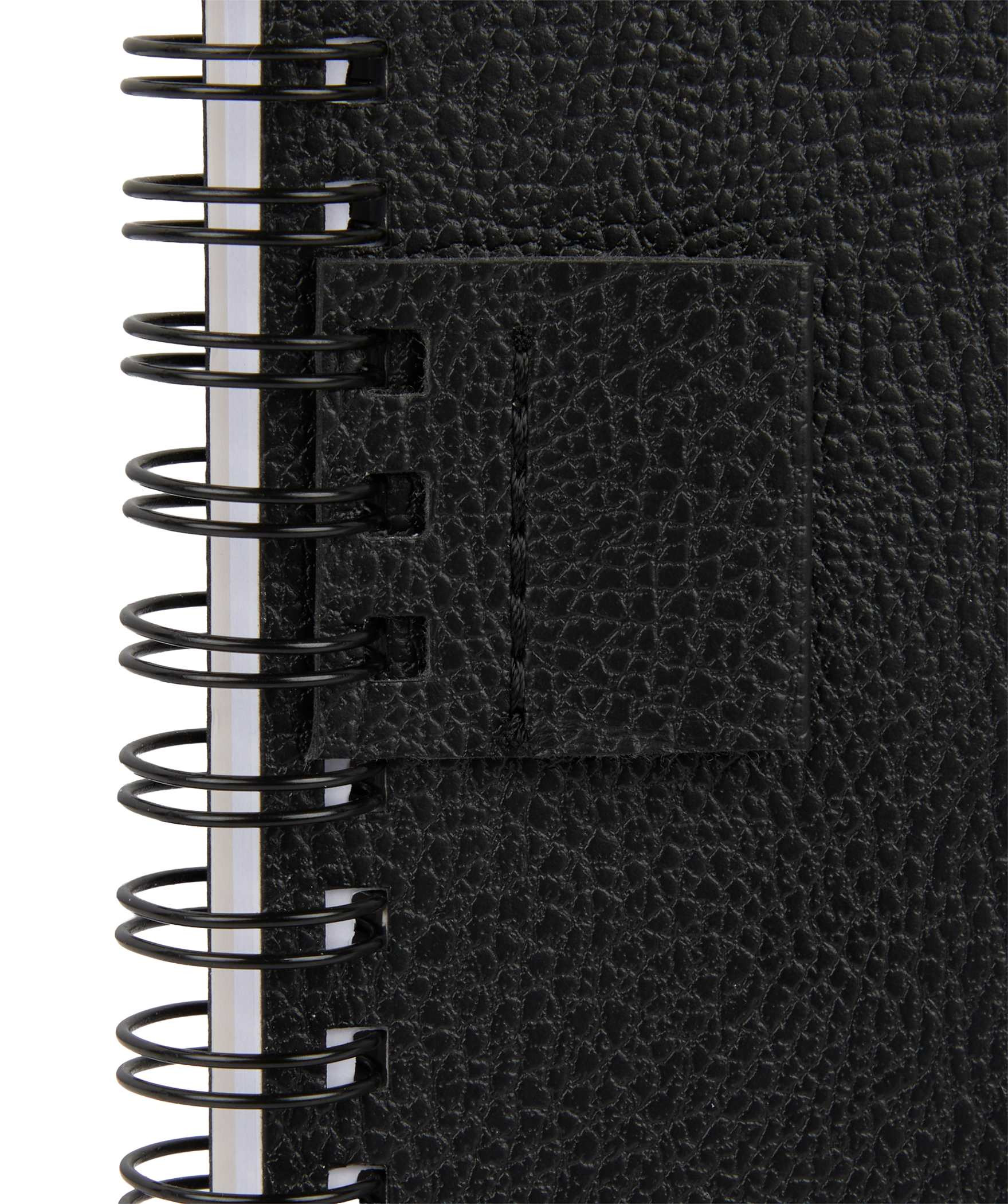 Pen Loop of Black 5” x 7” Pebble Grain FSC® Recycled Spiral Journal with textured recycled polyurethane cover, spiral binding, lined recycled paper pages, and matching elastic pen loop, designed for everyday note-taking, journaling, and office use.