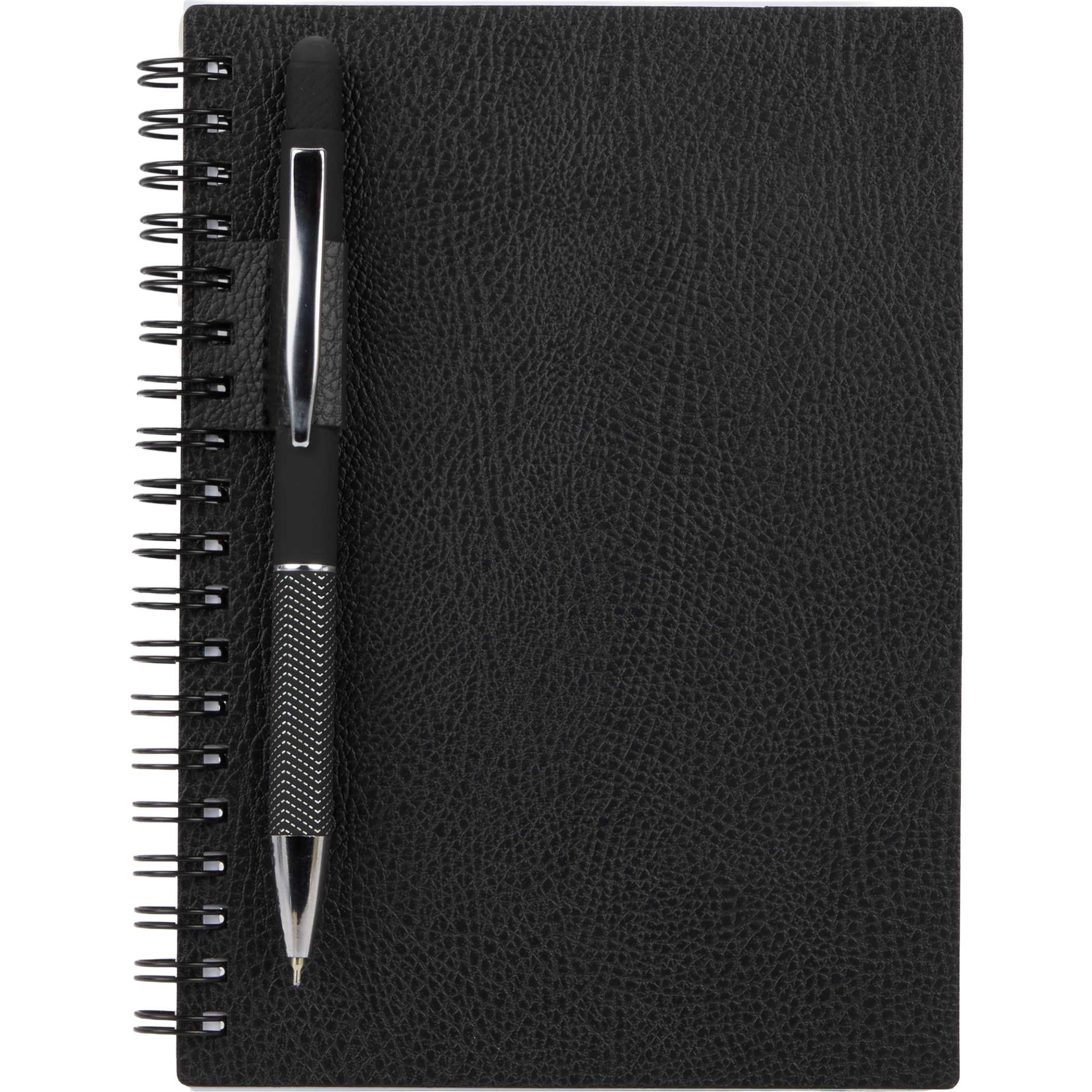 With pen on pen loop of Black 5” x 7” Pebble Grain FSC® Recycled Spiral Journal with textured recycled polyurethane cover, spiral binding, lined recycled paper pages, and matching elastic pen loop, designed for everyday note-taking, journaling, and office use.