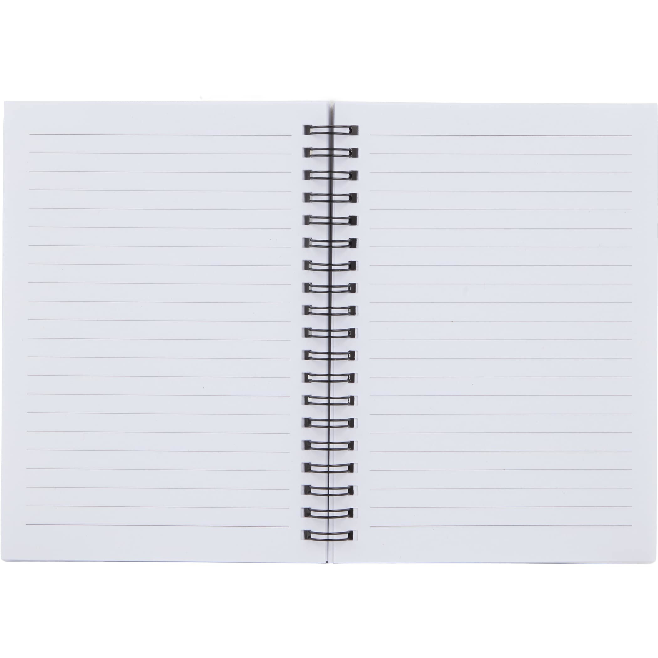 Inside of 5” x 7” Pebble Grain FSC® Recycled Spiral Journal with textured recycled polyurethane cover, 72 sheets of FSC® recycled lined paper, provides ample writing space, spiral binding, lined recycled paper pages, and matching elastic pen loop, designed for everyday note-taking, journaling, and office use.