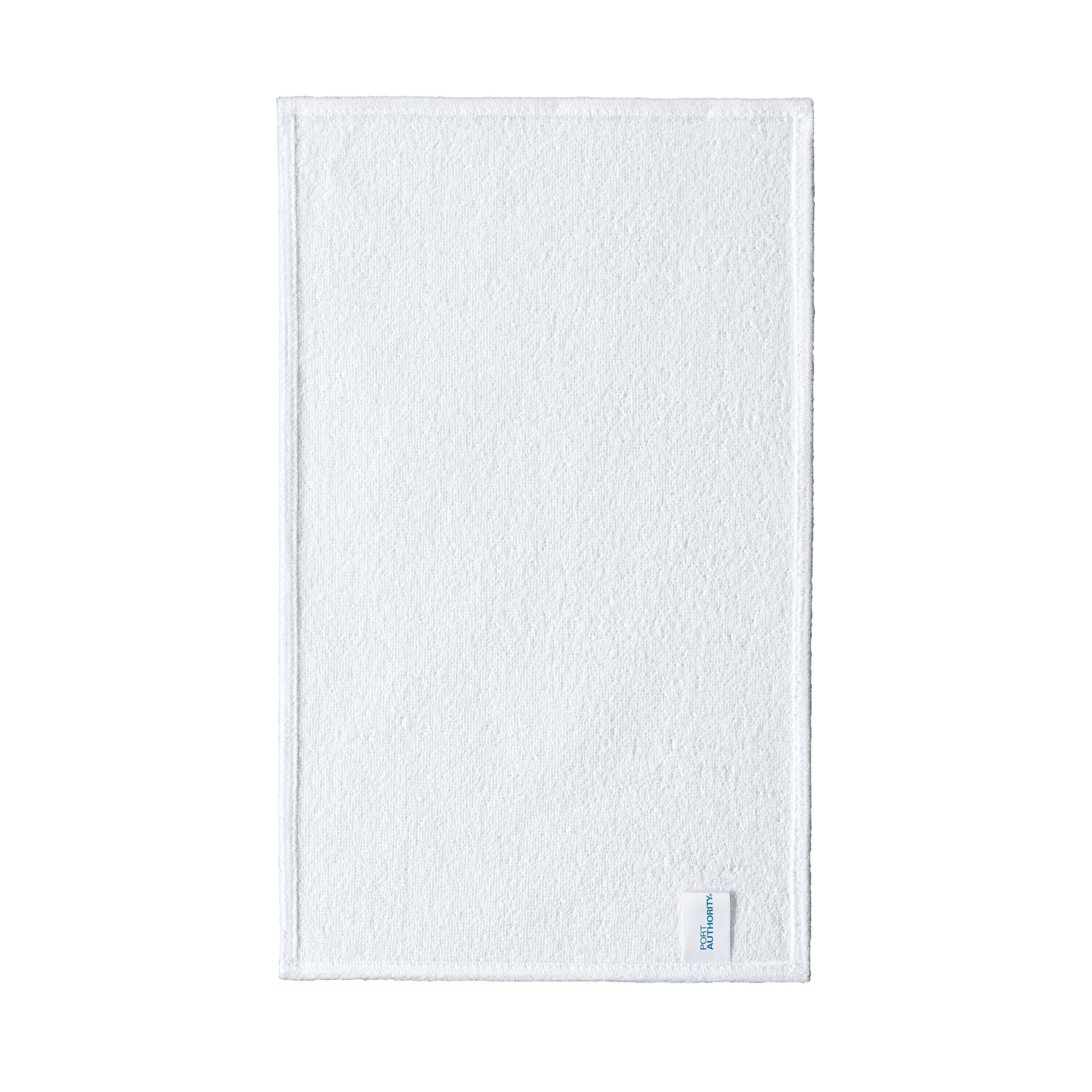 White sublimation rally towel with soft poly velour face, cotton terry backing, and full-color custom logo design.