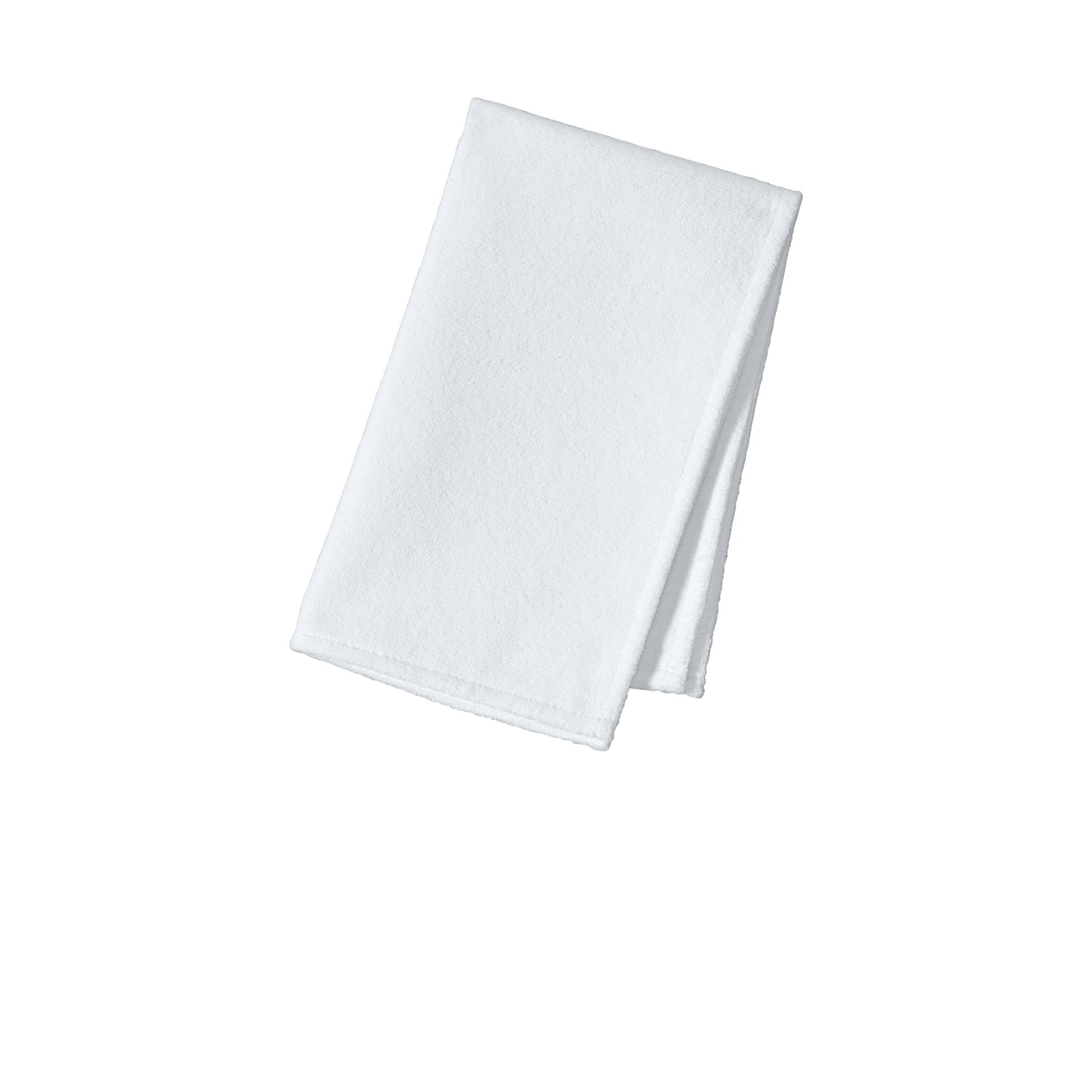 White sublimation rally towel with soft poly velour face, cotton terry backing, and full-color custom logo design.