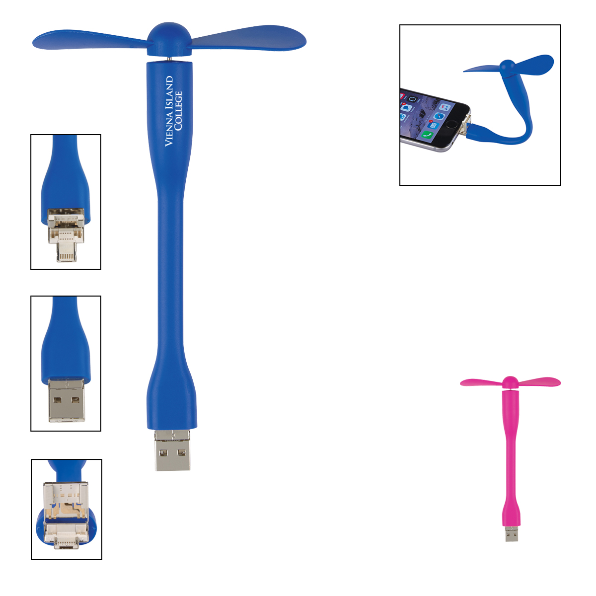 Blue and Pink Mini USB Fan with 3-Way Connector in flexible  material with soft plastic fan blades and multi-device connector, designed for portable personal cooling with Apple® 8-pin, Micro-USB, and USB-compatible devices.