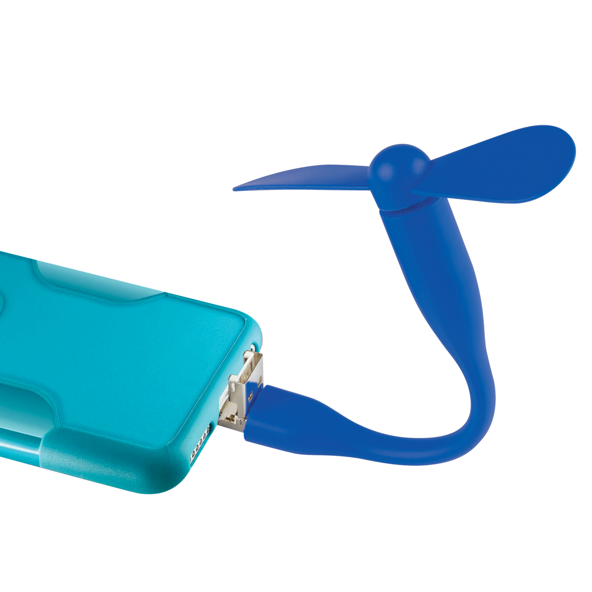 Mini USB Fan with 3-Way Connector in Blue  flexible material attached to a smartphone on a desk, providing personal cooling while connected through the device charging port in an everyday workspace setting.